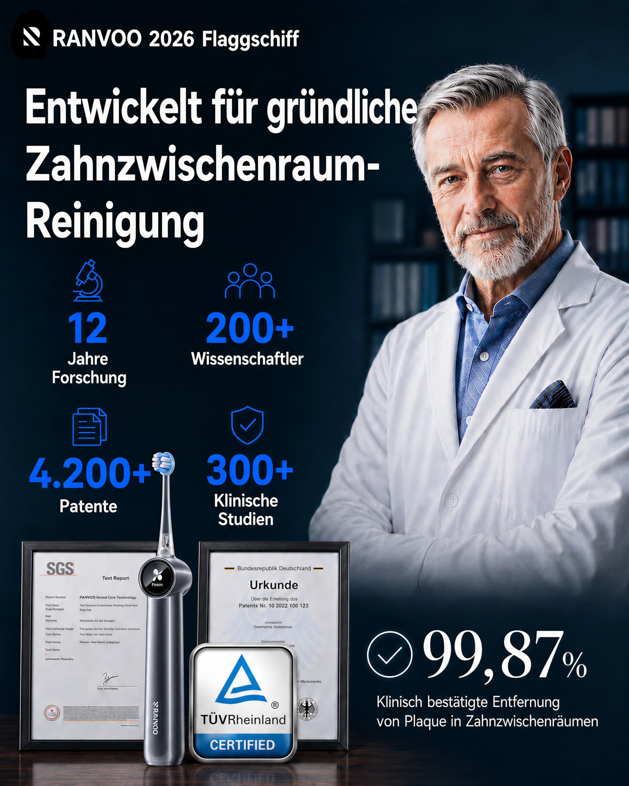 RANVOO AirJet X5 [Extra tiefe Zahnzwischenraum-Reinigung] Next-Gen elektrische Zahnbürste, 100% Plaque-Entfernung, Zahnfleischpflege, für Zahnspangen geeignet, 60 Tage Akku, 3 Bürstenköpfe, Stahlblau