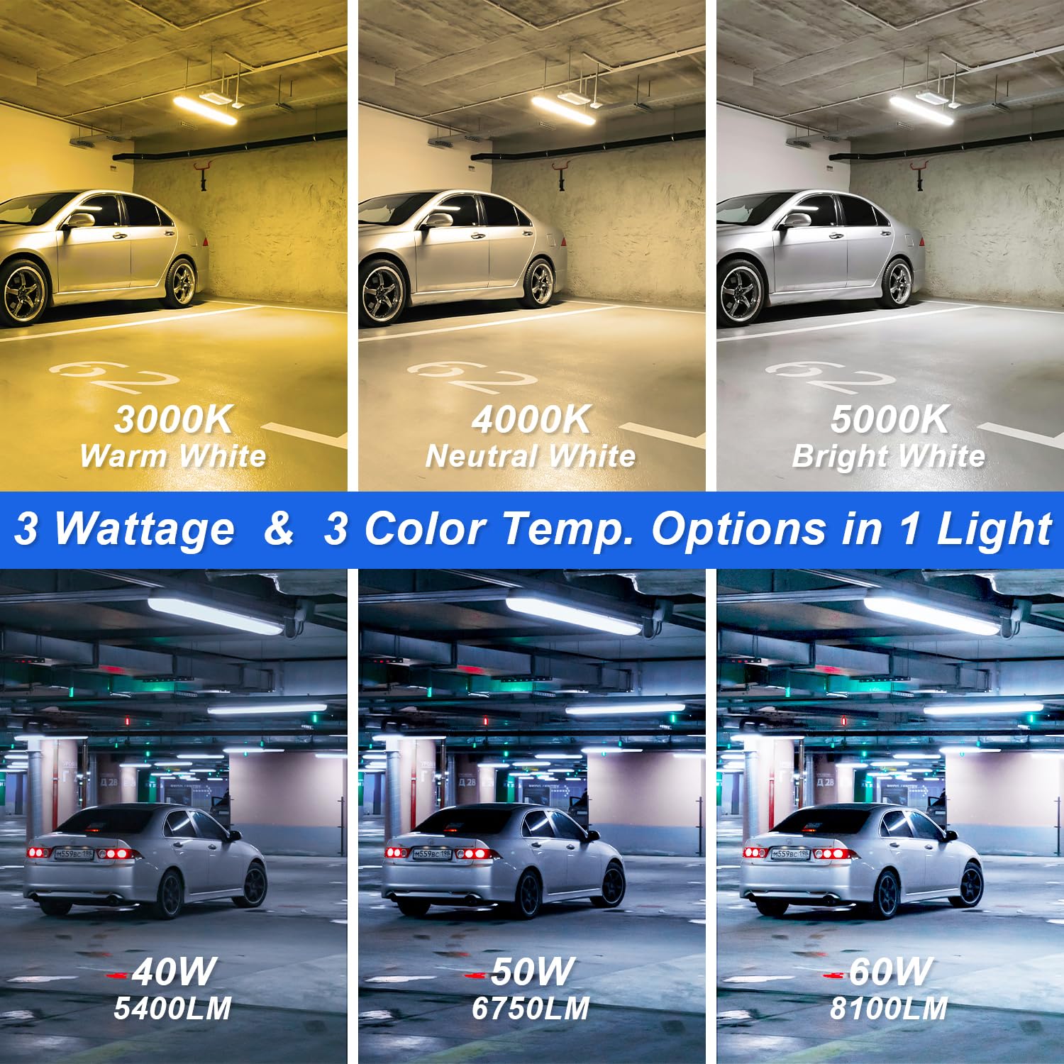 4FT LED Vapor Tight Lights 40W-50W-60W Power Selectable 3CCT 3000K-4000K-5000K Vapor Proof Light IP66 Waterproof LED Shop Light — view 3