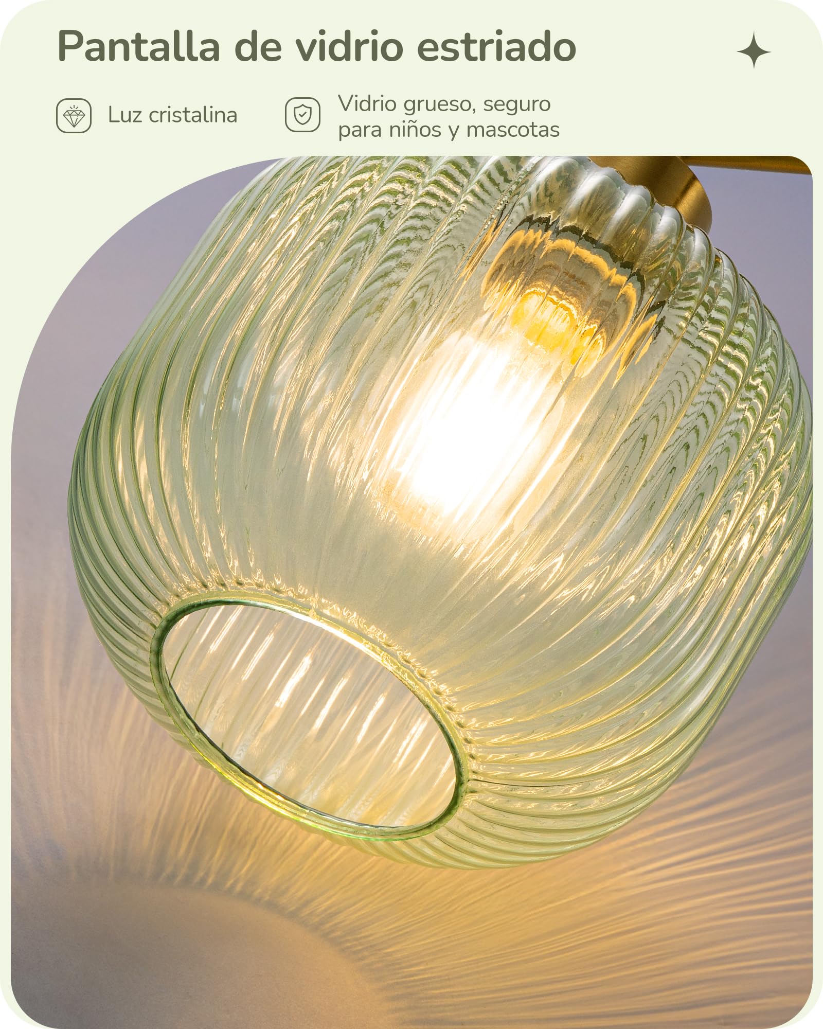 EDISHINE Lámpara de Pie, Pantalla Vidrio Caramelo, Verde Menta & Dorado | Estructura Metálica Dorada, Lámpara de Lectura Moderna con Bombilla LED E27 Incluida, 2700 K, para Dormitorio y Oficina