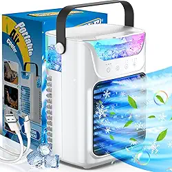 Ar Condicionado Portátil, 3 Velocidades do Vento e 7 Luzes LED Refrigerador de Ar Pessoal Evaporativo, AC Portátil 4 em 1 com Tanque de Água Grande de 650 ml, Mini Ar Condicionado para Quarto/Carro