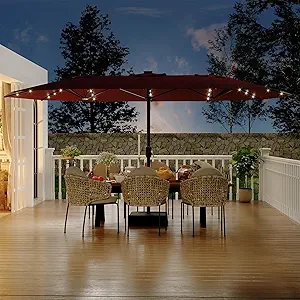15FT Rectangular Patio Umbrella with Solar Lights & Base Included - Large Patio Umbrella with Crank Handle, UV Protection for Outdoor Market, Backyard, Pool - Burgundy
