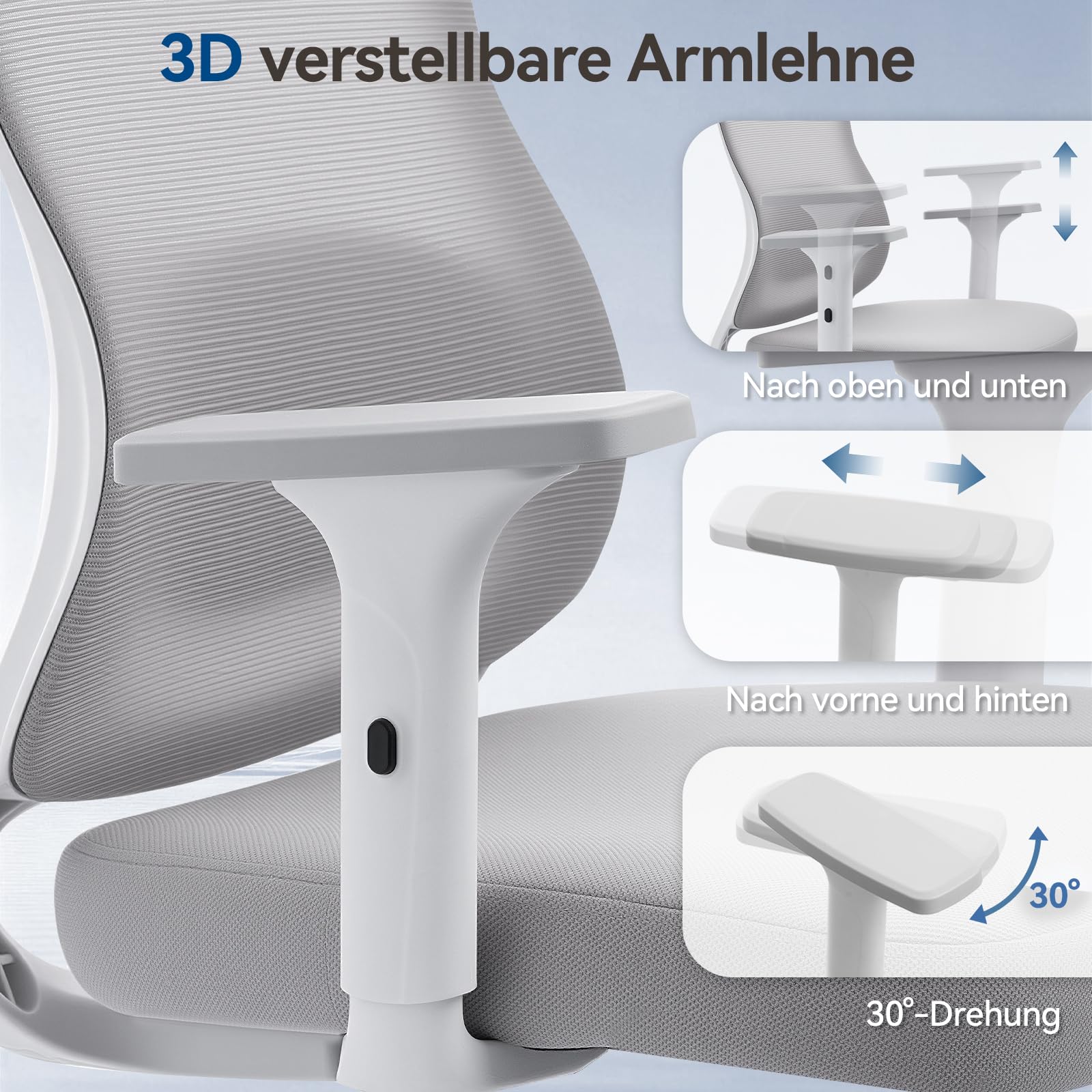naspaluro 150kg Bürostuhl Ergonomisch Netzbezug 3D Armlehnen | Neigbare Rückenlehne mit Kopfstütze, höhenverstellbar, leise Rollen, für Homeoffice & Gaming, einfache Montage, Weißgrau