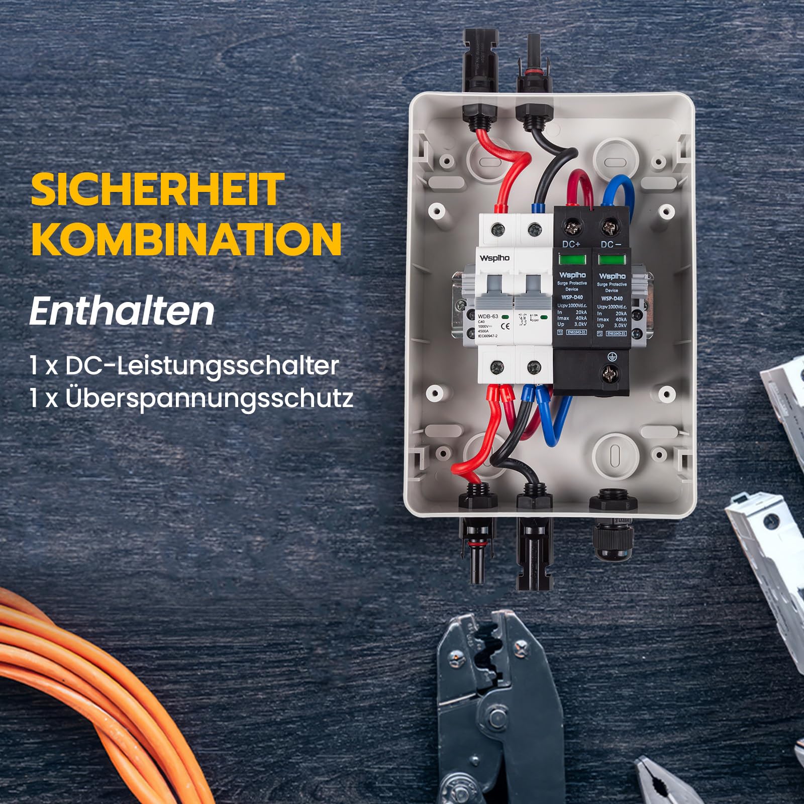 40A 1000V DC Separador PV sistema y protección contra sobretensiones PV con enchufe solar, interruptor de protección de línea con IP65 Solar caja de conexión fotovoltaica