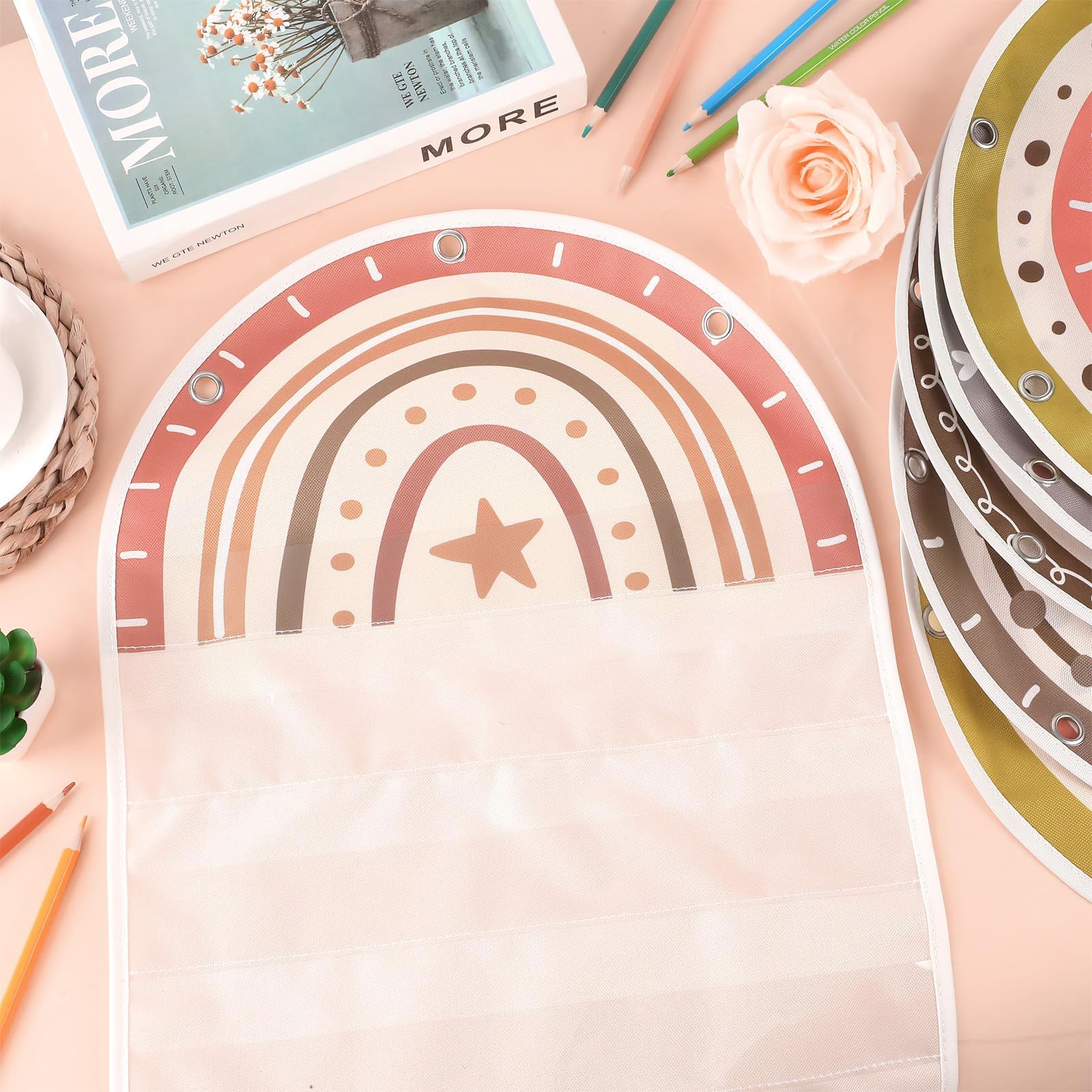 Qyeahkj 6Pcs Classroom Magnetic Pocket Chart Small Boho Rainbow Hanging Scheduling Pocket Chart Management Back to School Resources for Preschool Kids Sentence Strips Cards Office Supplies 17 x 14in - Image 4