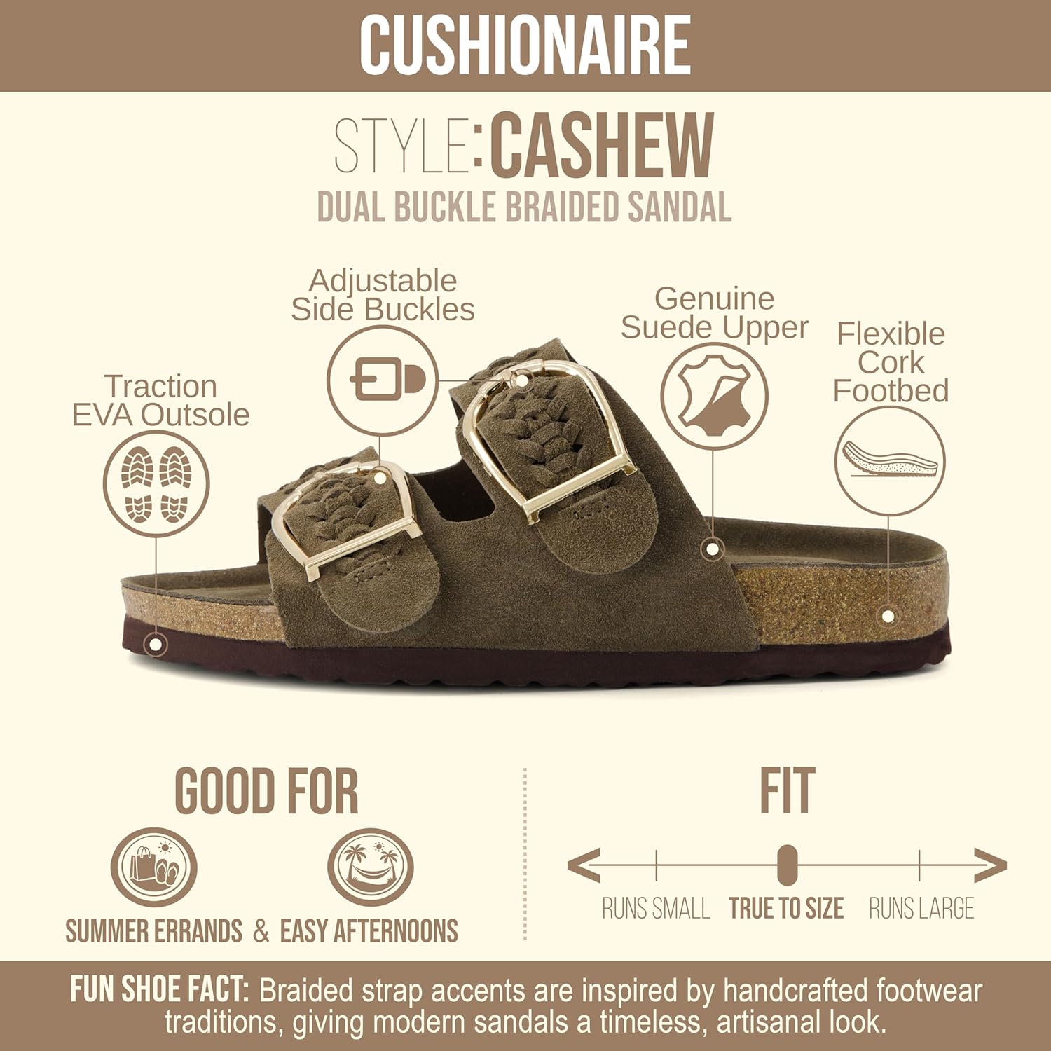 CUSHIONAIRE Cashew Slip On Genuine Suede Leather Womens Sandals - Braided Double-Strap Design with Adjustable Big Buckle Sandals for Women - Image 4