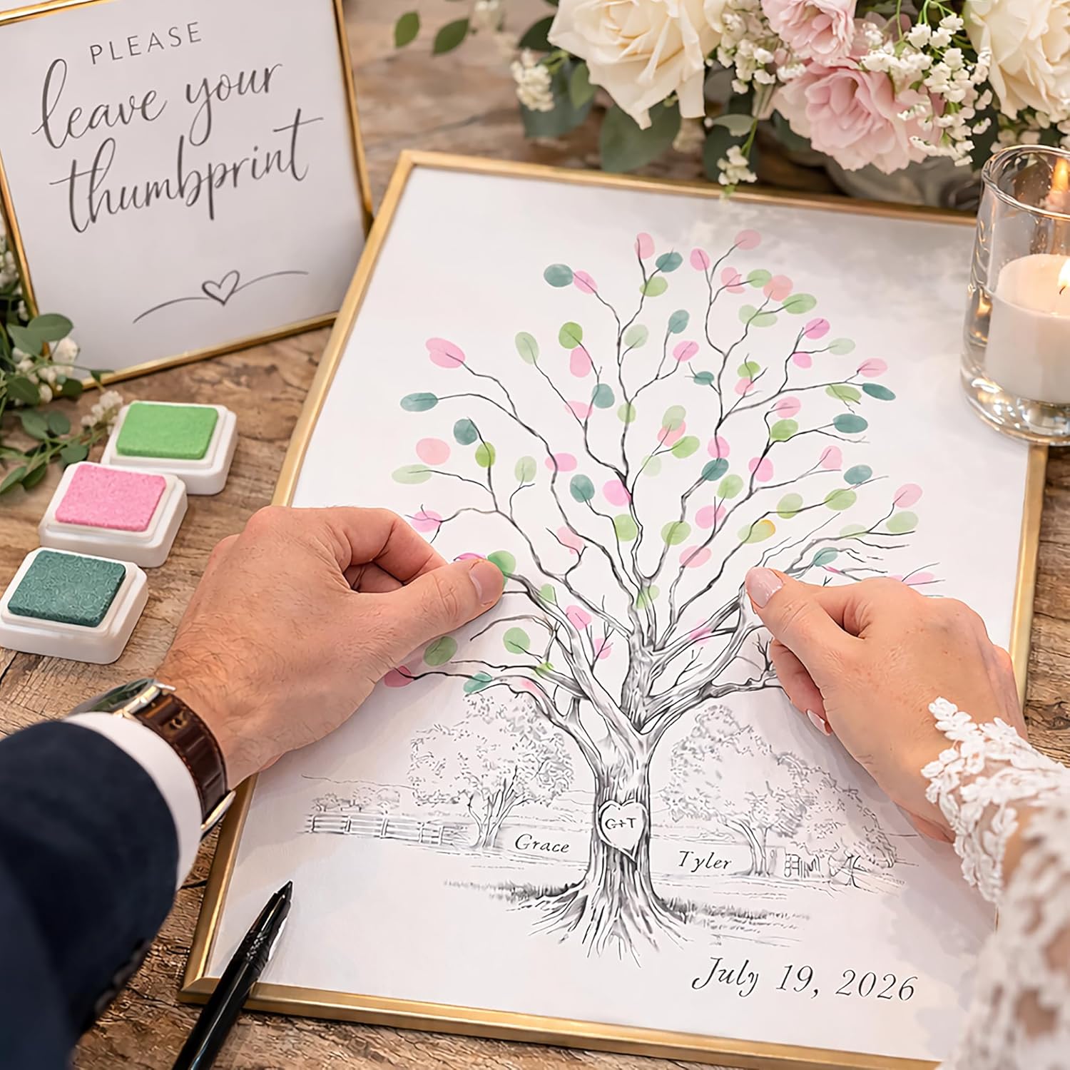 Guestbook Tree Thumbprint Twisted Oak Alternative Guest Book with Background Wedding Thumbprint, Fingerprint Tree