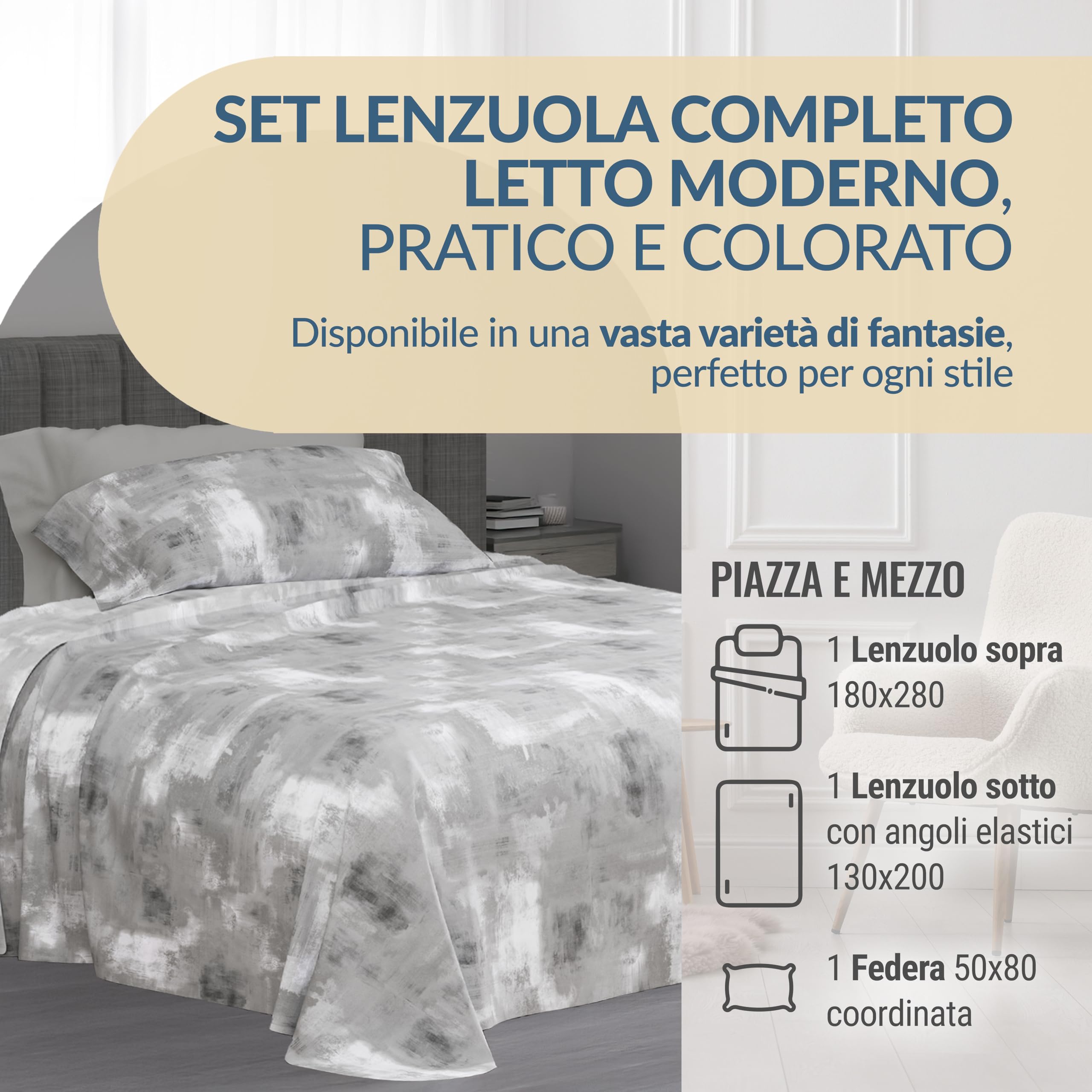 Set Lenzuola 1 Piazza E Mezza 3 Pezzi - Microfibra OEKO-TEX, Grigio, Antipiega