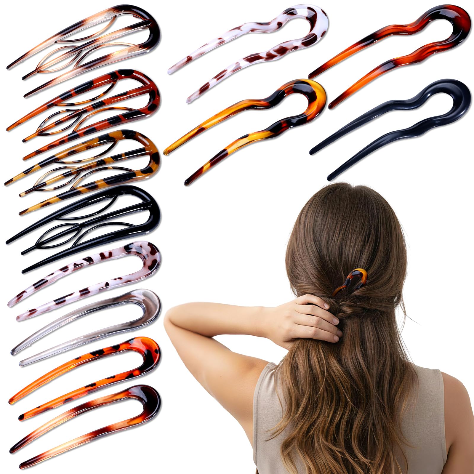 Norme 12 Pcs French Hair Pin for Women 3 Style U-shaped Hair Fork for Updos French Pin Flat Clips with Tortoiseshell Gradient Effects, Minimalist Elegant Clips for Women