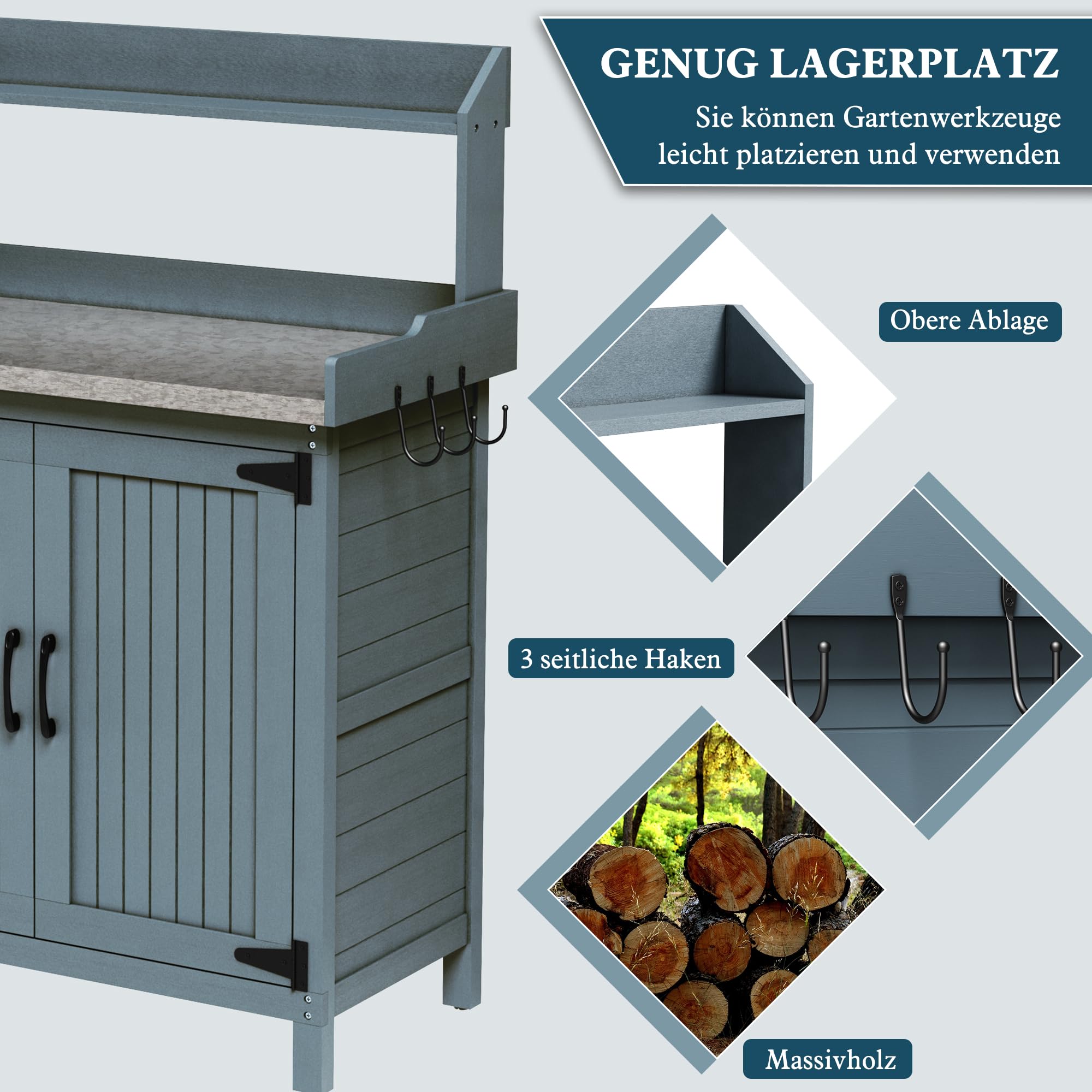 HOLTICO Outdoor Pflanztisch, Massivholz Gartenpflanztisch mit Metall-Arbeitsplatte und Stauraum, Gartenarbeitstisch mit Stauraum, Pflanz-Arbeitstisch für Garten, Terrasse, Hinterhof, Blau