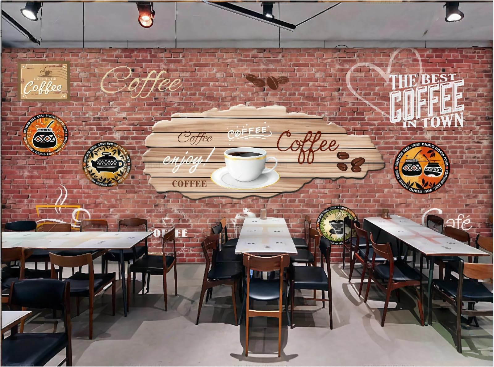 Xdoubao 3D Wallpaper Retro Brick Wall Hand-Painted Letters Coffee Theme Bar Mall Afternoon Tea Western Restaurant Background Wall Wallpaper Coffee Shop Mural,,300X210cm