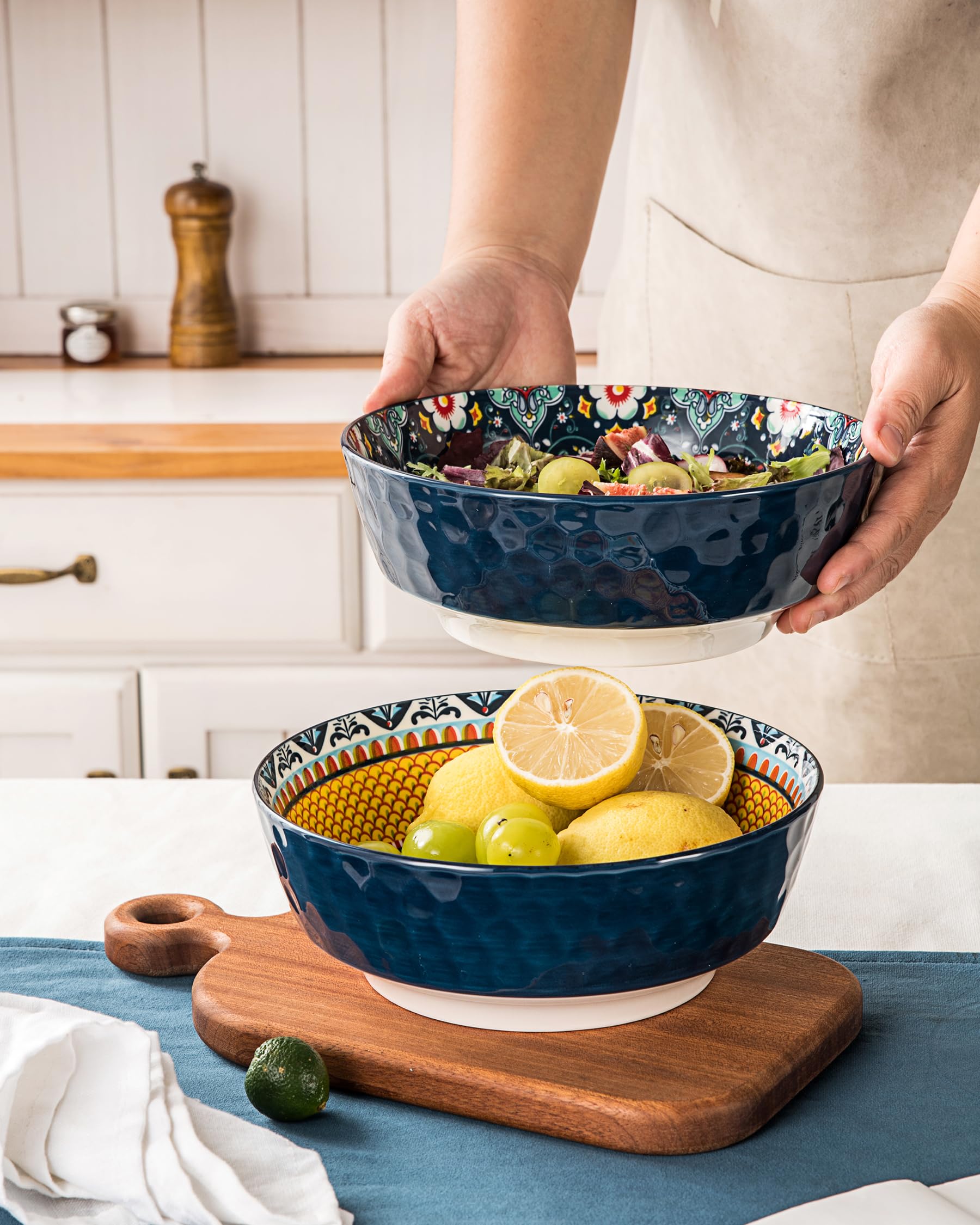 HENXFEN LEAD 2 Stück Salatschüssel aus Porzellan, 1440ml Servierschüsseln, Große Schüsseln für Nudeln, Salat, Suppe, Haferflocken usw. Bunte - Bohemian Style
