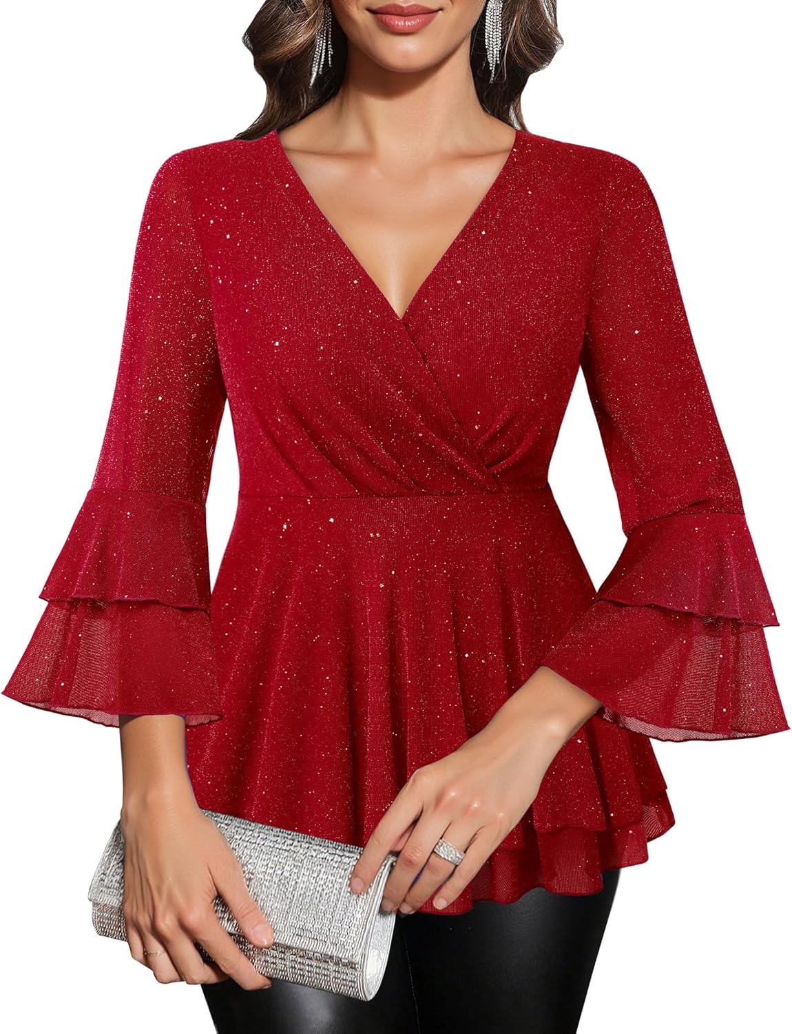 Lotusmile Women's Dressy Blouses Ruffle 3/4 Sleeve Peplum Sparkly Tops - Image 2