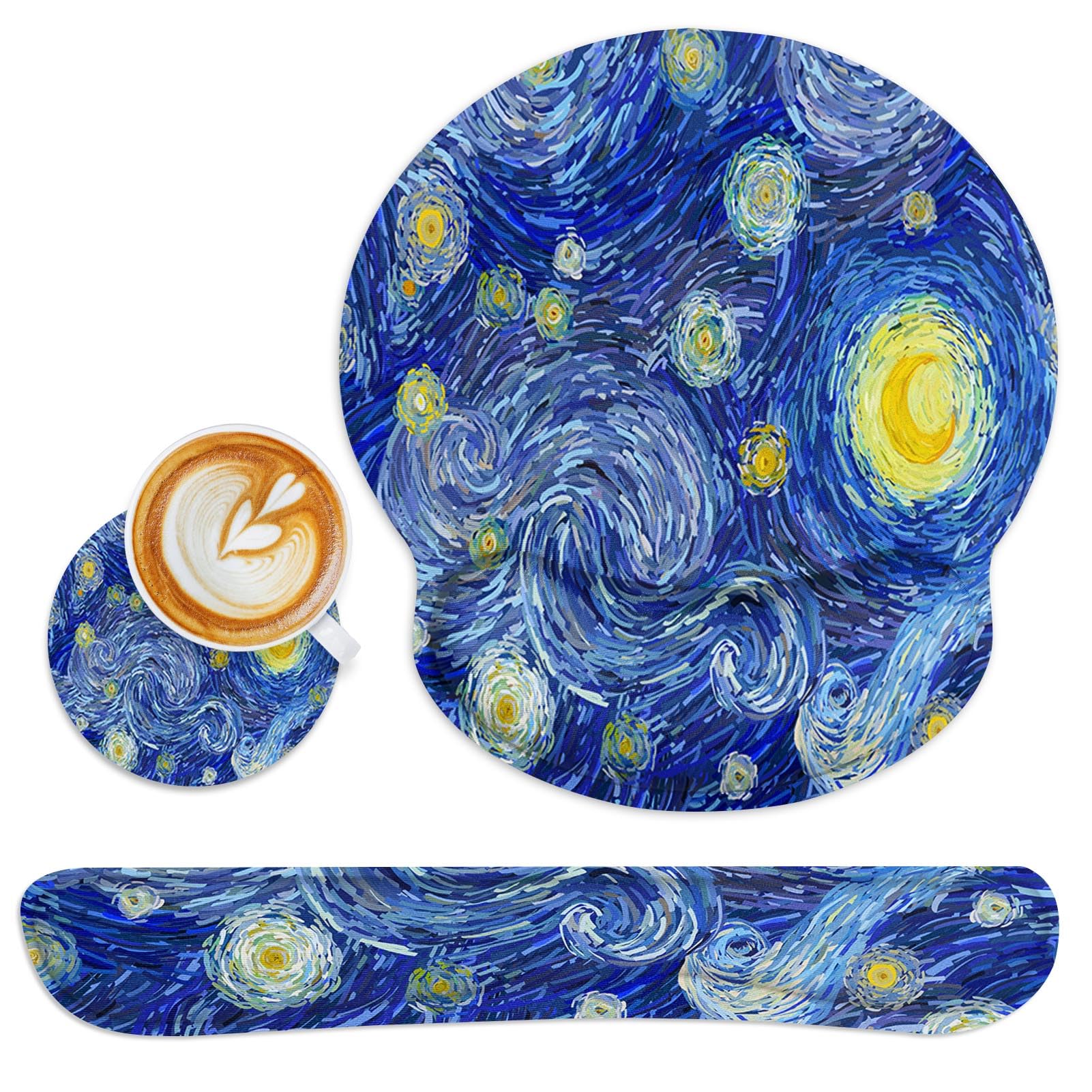 Britimes Ergonomic Mouse Pad Set with Wrist Rest Abstract Night Sky Non-Slip Rubber Base Wrist Cushion Support and Coasters Mousepad with Wrist