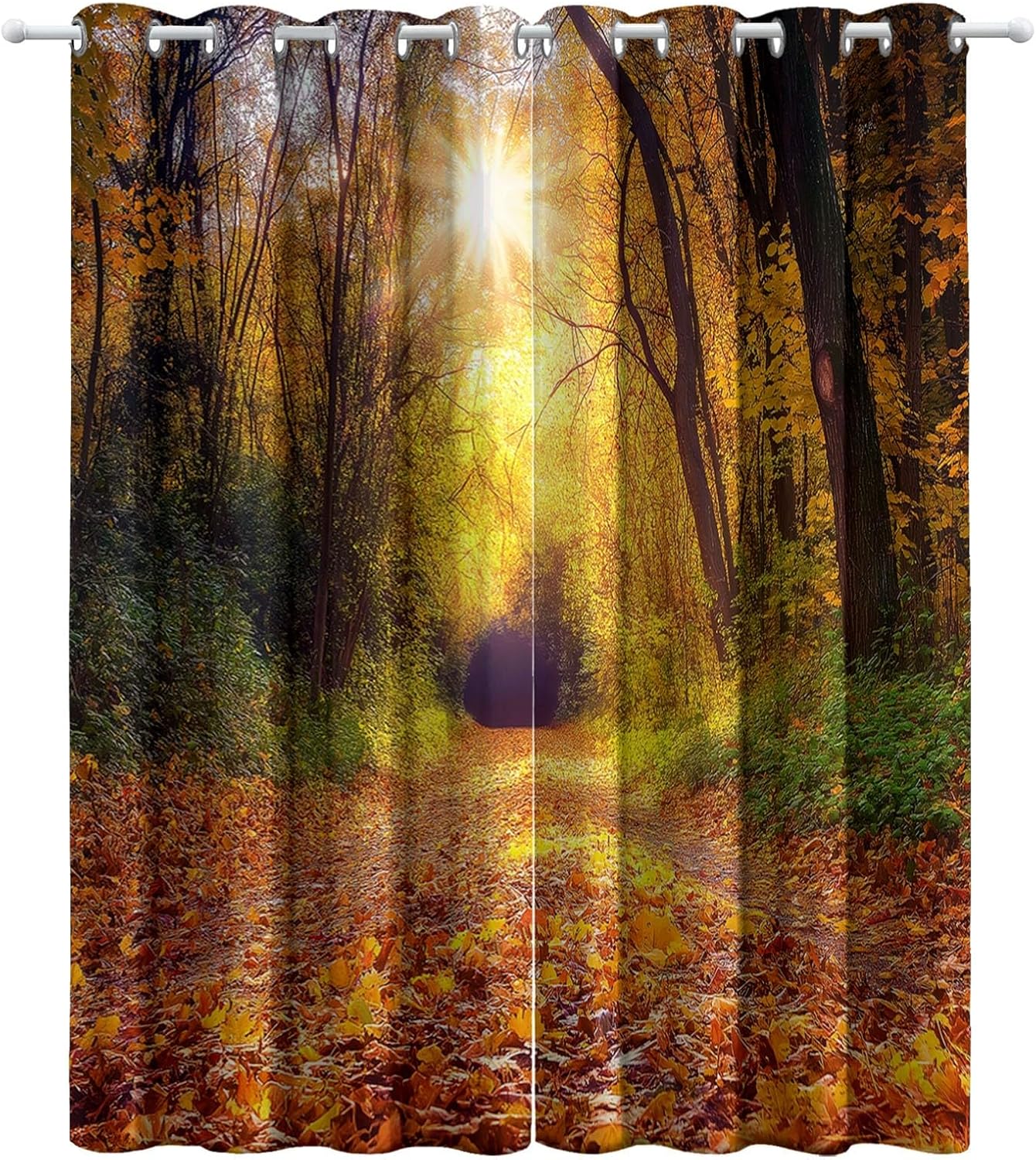 Autumn Forest Path Scenery Blackout Curtains 28W X 63L Inches 2 Panel Set, Yellow Thermal Insulated Window Drapes, Sliding Privacy Curtain for Living Room Bedroom Window Decorative