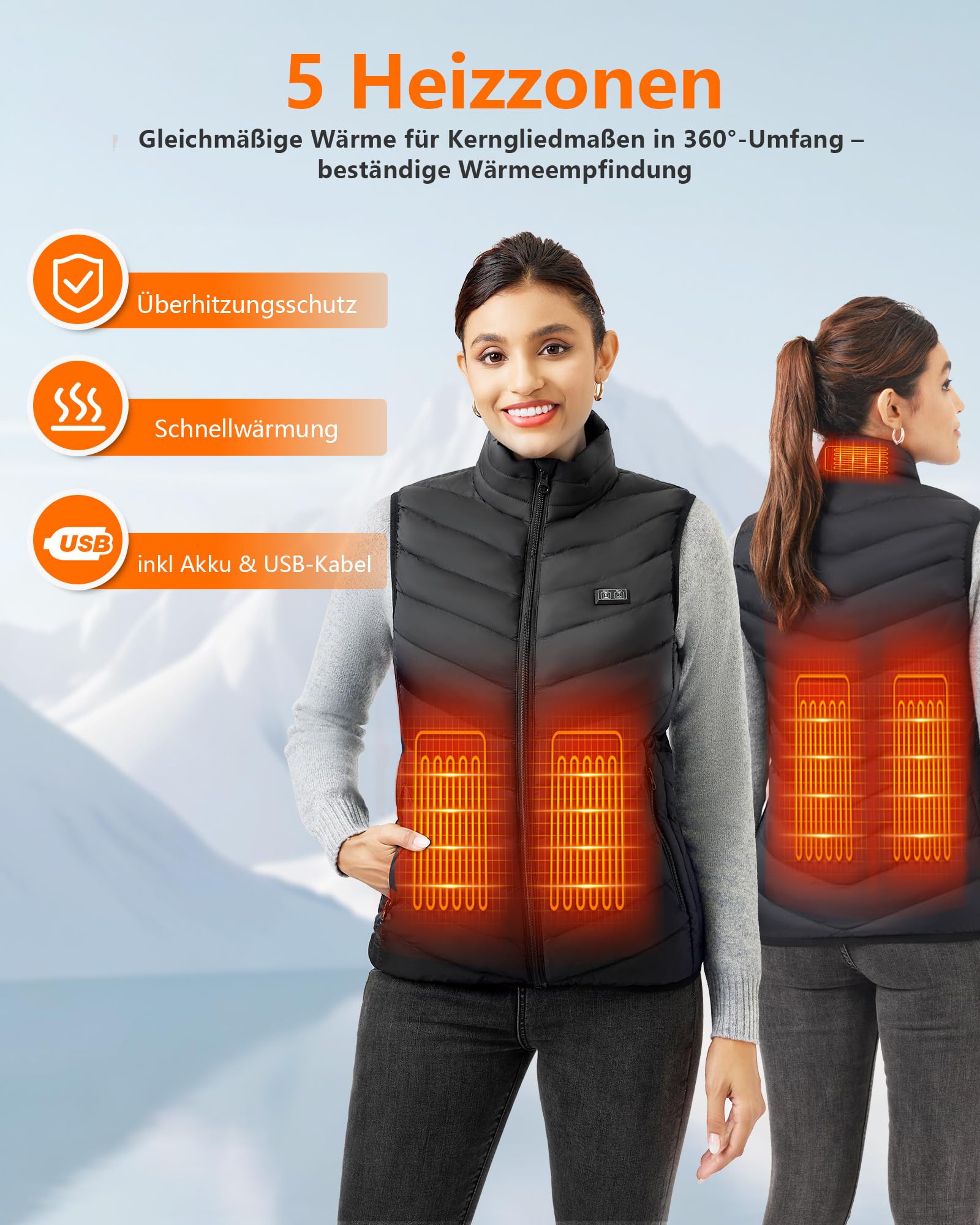 Beheizbare Weste für Herren Damen mit Akku 10000mAh Heizwesten 5 Heizzonen 3-Stufige Temperaturregelung Doppelte Steuerung Wärmeweste für Winter Aktivitäten