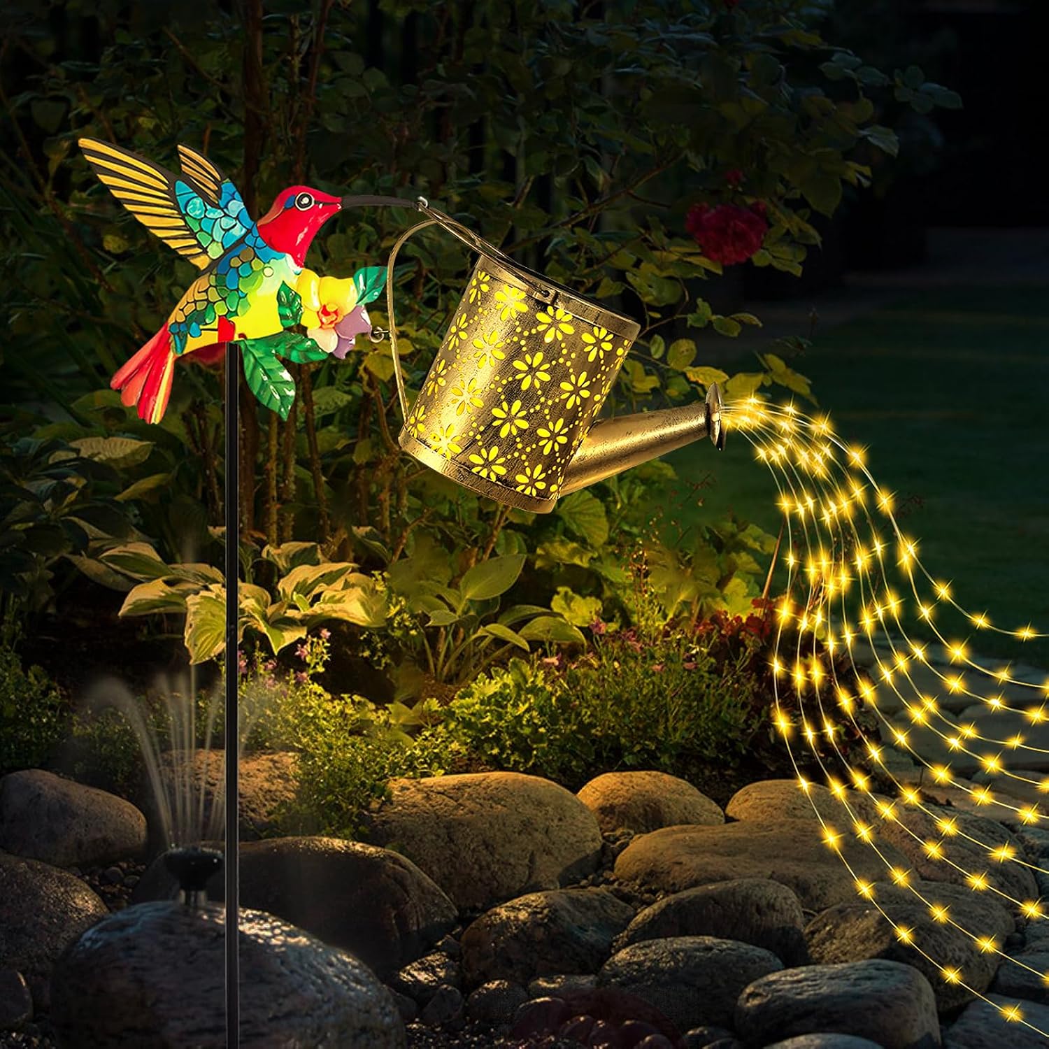 1/2pcs Outdoor Solar-Powered Metal Hummingbird Watering Can Light, 3000K Color Temperature, 600LM Watering Can Light, Fairy Light, Watering Light, Waterfall Light,Suitable for Garden (1, Warm White)