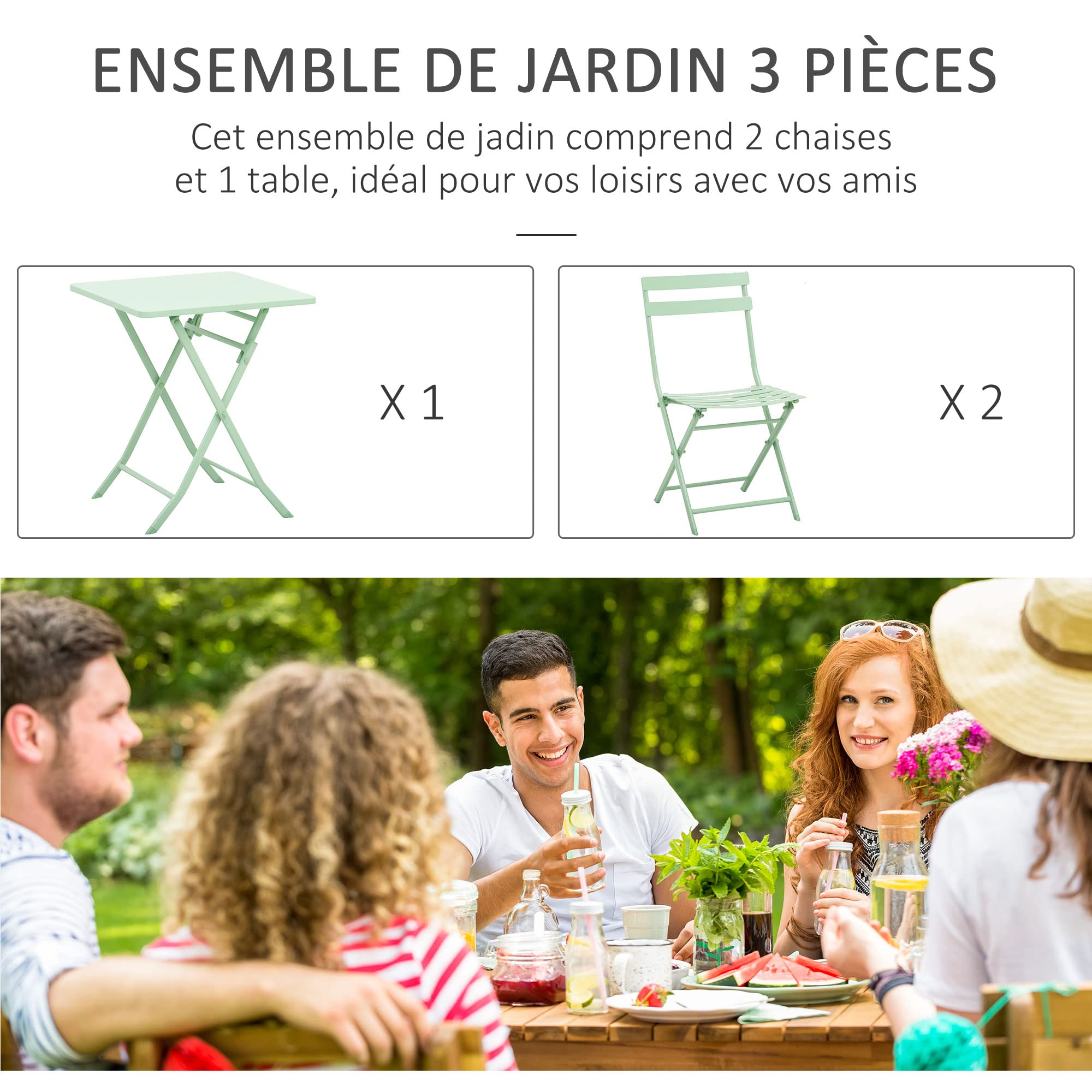 Outsunny Salon de Jardin Bistro Pliable Table Carrée 60x60x71 cm Métal Thermolaqué Vert d'Eau avec 2 Chaises
