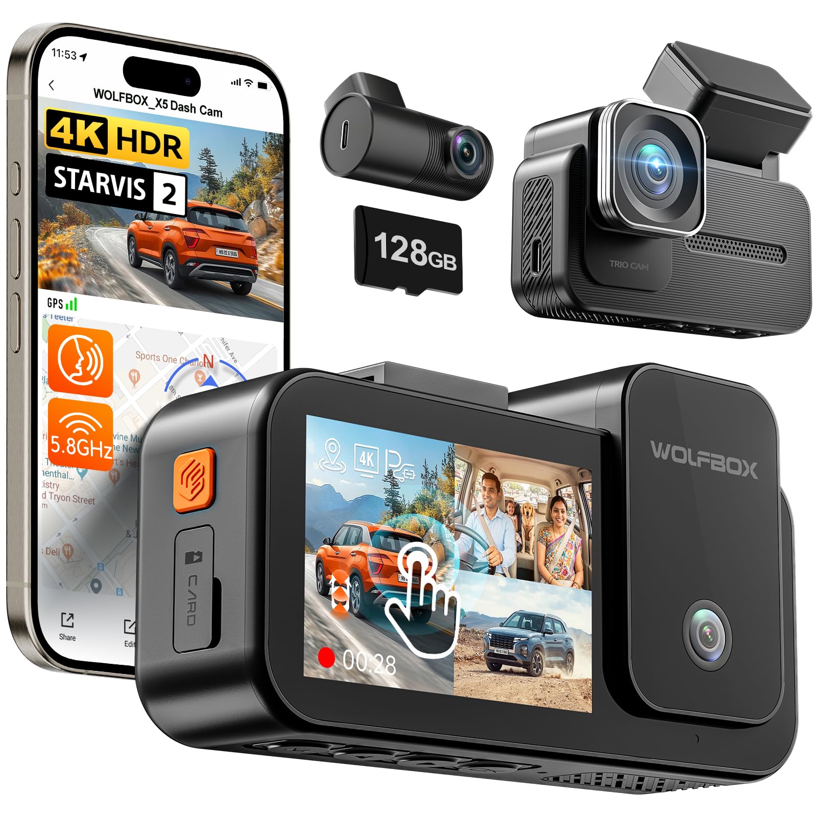 X5 3 Channel 4K Dash Cam, STARVIS 2 IMX678,4K+2.5K+1080P Front and Rear Inside Triple Car Camera, Included 128GB Card, Voice Control, 5.8GHz WiFi GPS, Touch Screen, Support 512GB Max-image-47