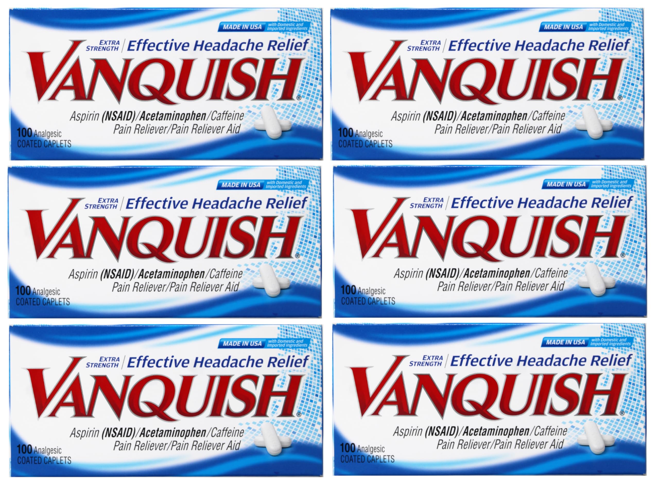 Aspirin (NSAID), Acetaminophen, Caffeine, 100 Analgesic Coated Caplets - 6 Pack