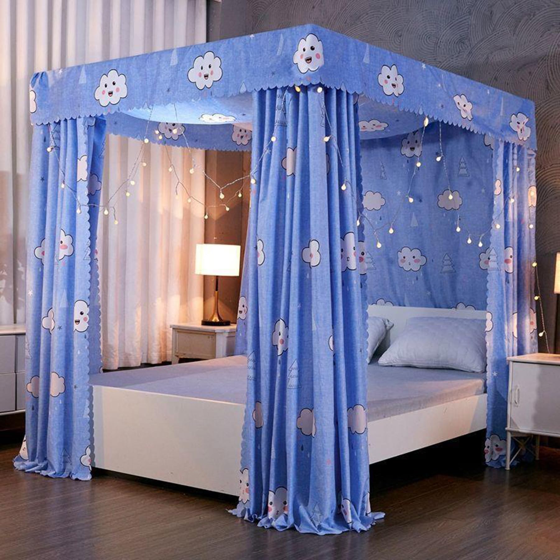 Square One Piece 4 Corner Mosquito Netting Bracket, Stainless Steel Mosquito Net Frame, Bed Stand Canopy Post with Curtain, for Bed,D,QUEEN