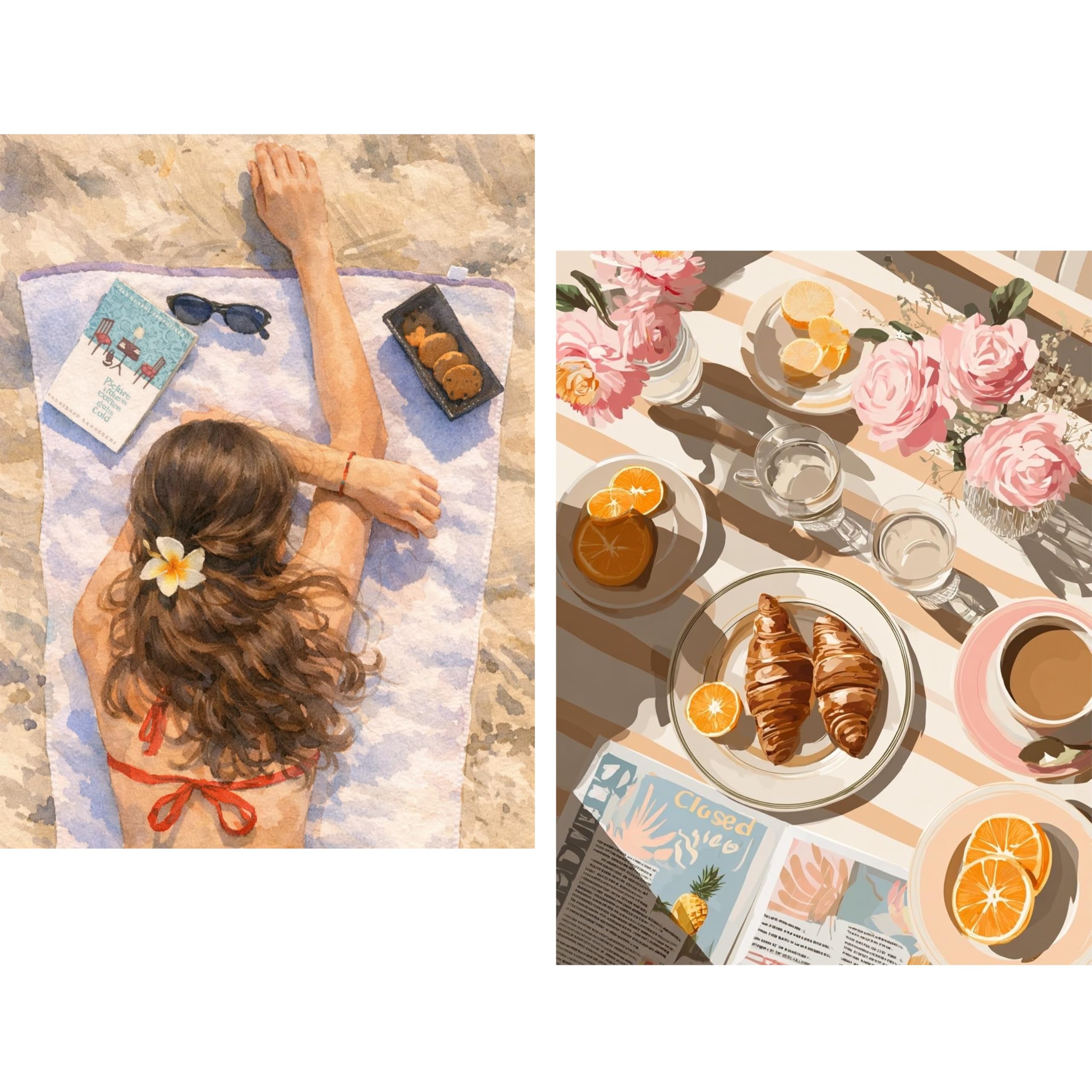HKLIOPU 2Pack Summer Beach and Food Diamond Art Kits for Adults Beginners, Full Round Drill Diamond Painting Kits, Gem Art Crystal Kits DIY Kids and Crafts Home Decor 12x16 Inch