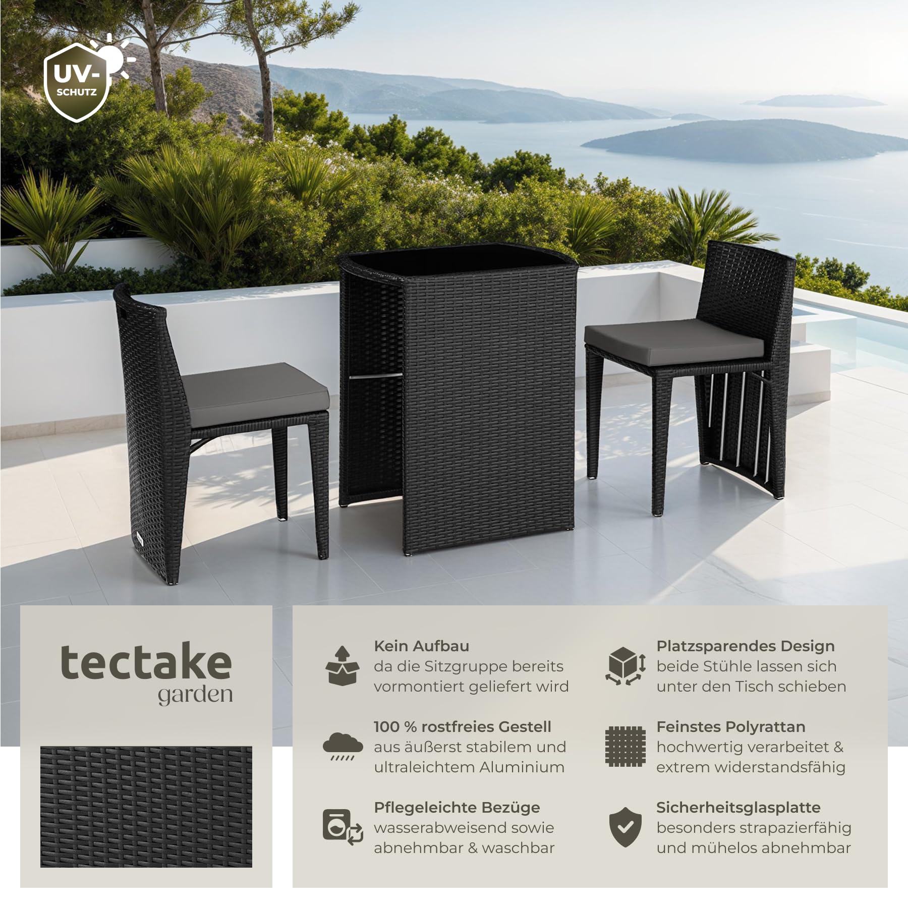 tectake® Poly Rattan Bistroset mit Aluminium Gestell, platzsparend zusammenschiebbar, Gartenmöbel Set mit 2 Stühlen & Tisch, Outdoor Möbel, Sitzgruppe für Garten Wintergarten Balkon Terrasse - schwarz