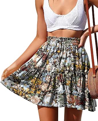 Women's Boho Floral Print Mini Skirt - High Waist, Drawstring Tiered Skater Skirt (Summer Skirt)