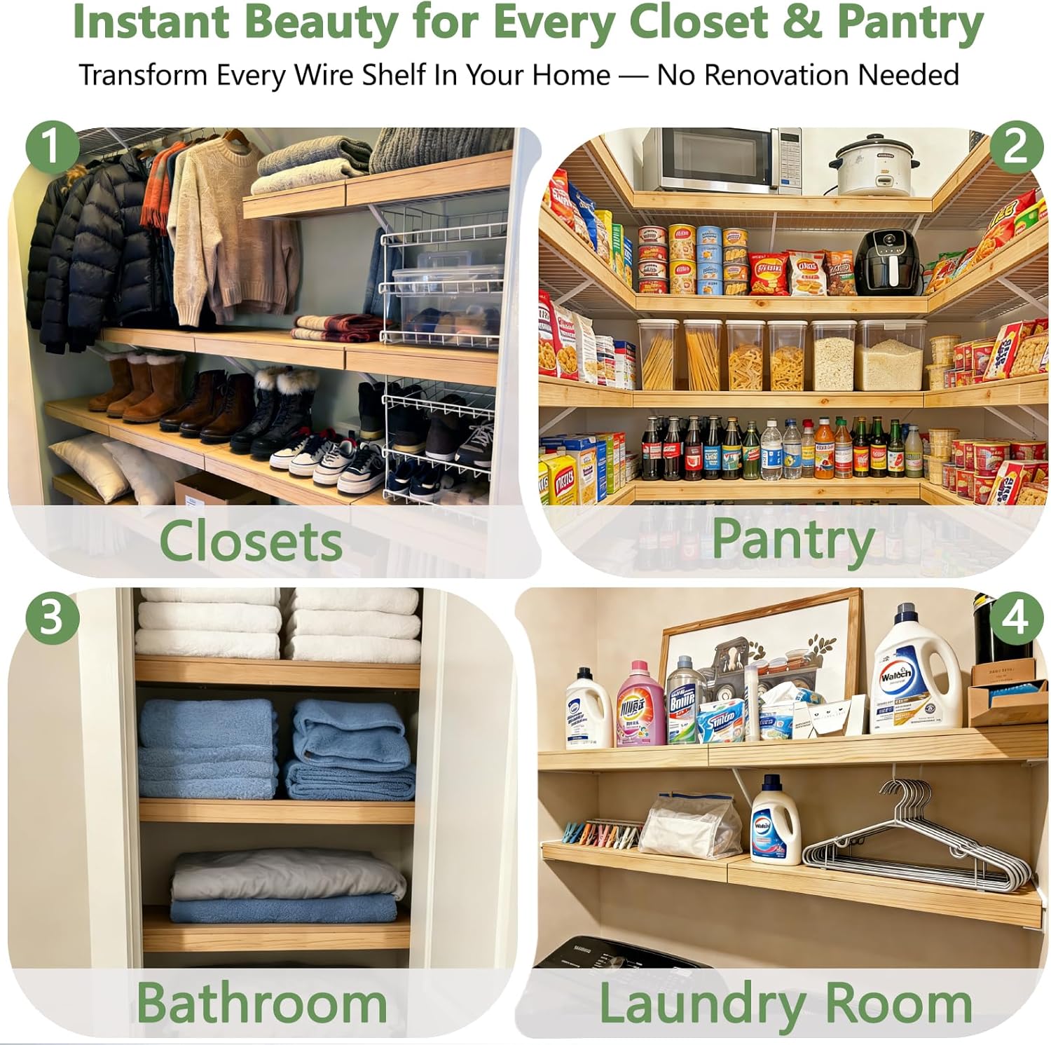 Solid Wood Shelf Covers for Wire Shelving, Wire Rack Covers for Pantry Shelves, Tool-Free & Snap-On (5pcs, 24" W x 16" D)