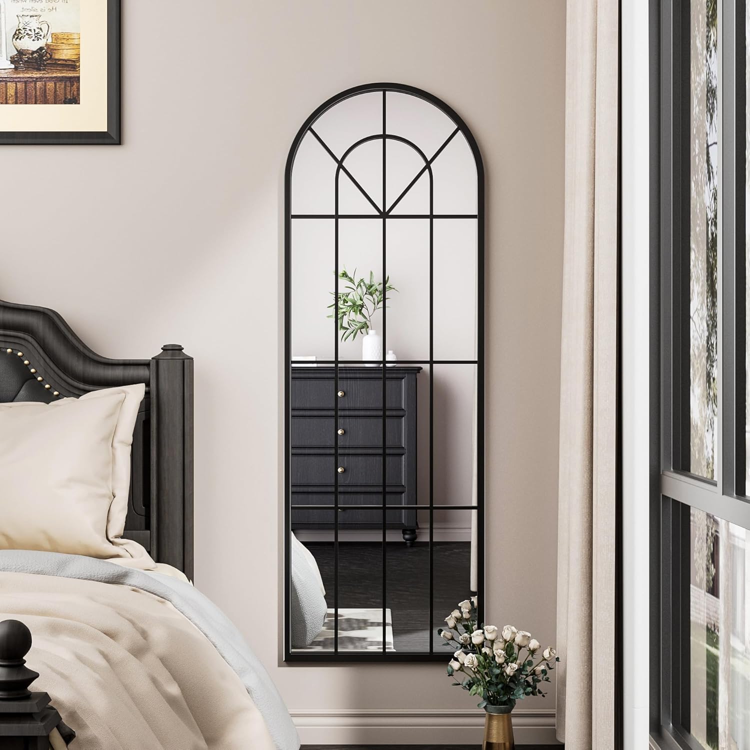 OGCAU Full Length Mirror, 65"x22" Arched Window Floor Length Mirror, Hanging or Leaning, Full Body with Iron Frame, Window Pane Wall Mounted Home Decor for Bedroom Living Room (Black)