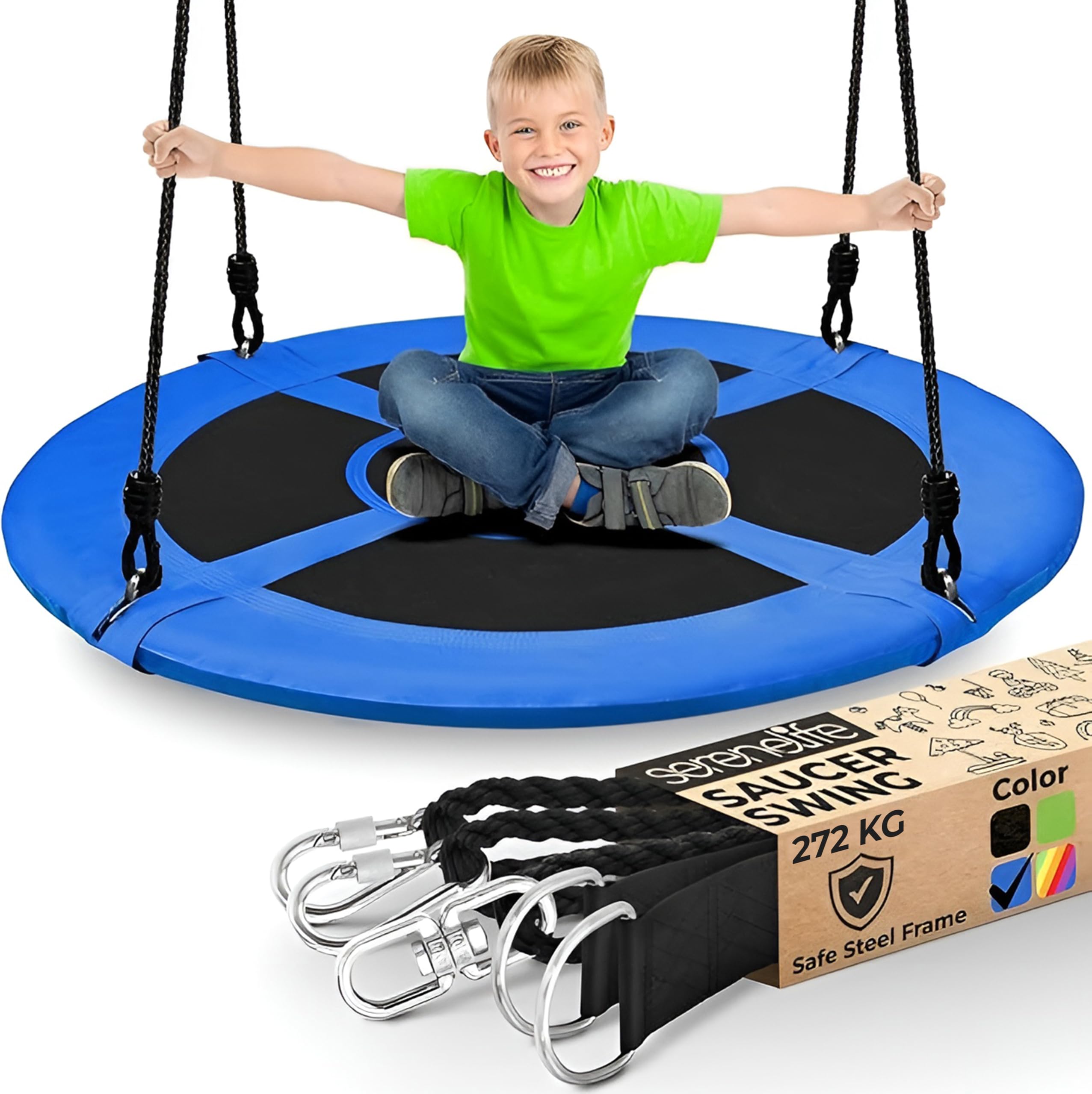 SereneLife Tree Swing Seat, Large Round Saucer Kids Swings, Adults and Kids Nest Swing, Durable Frame, 270kg Capacity, Indoor Outdoor Hanging Rope Swinging Seat for Backyard, Garden and More – Blue