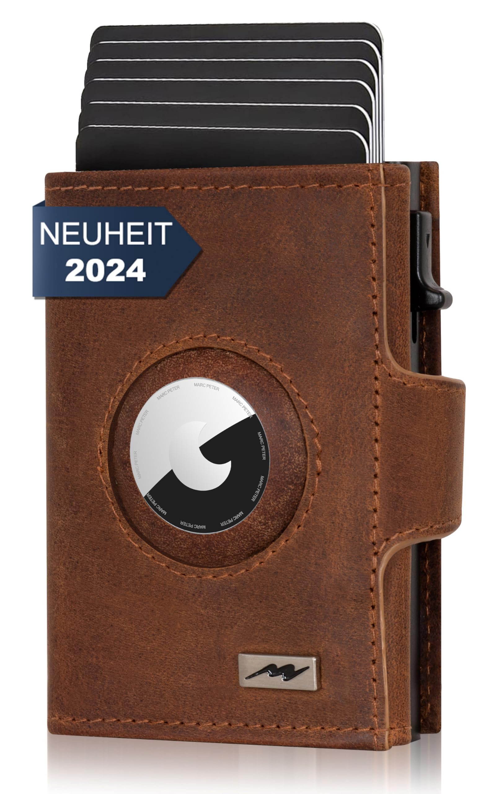 Marc Peter® Chicago Leather Push Air Slim Wallet, Airtag Wallet with Coin Compartment, RFID Protection, Small Mini Wallet, Leather, Tan, Classic