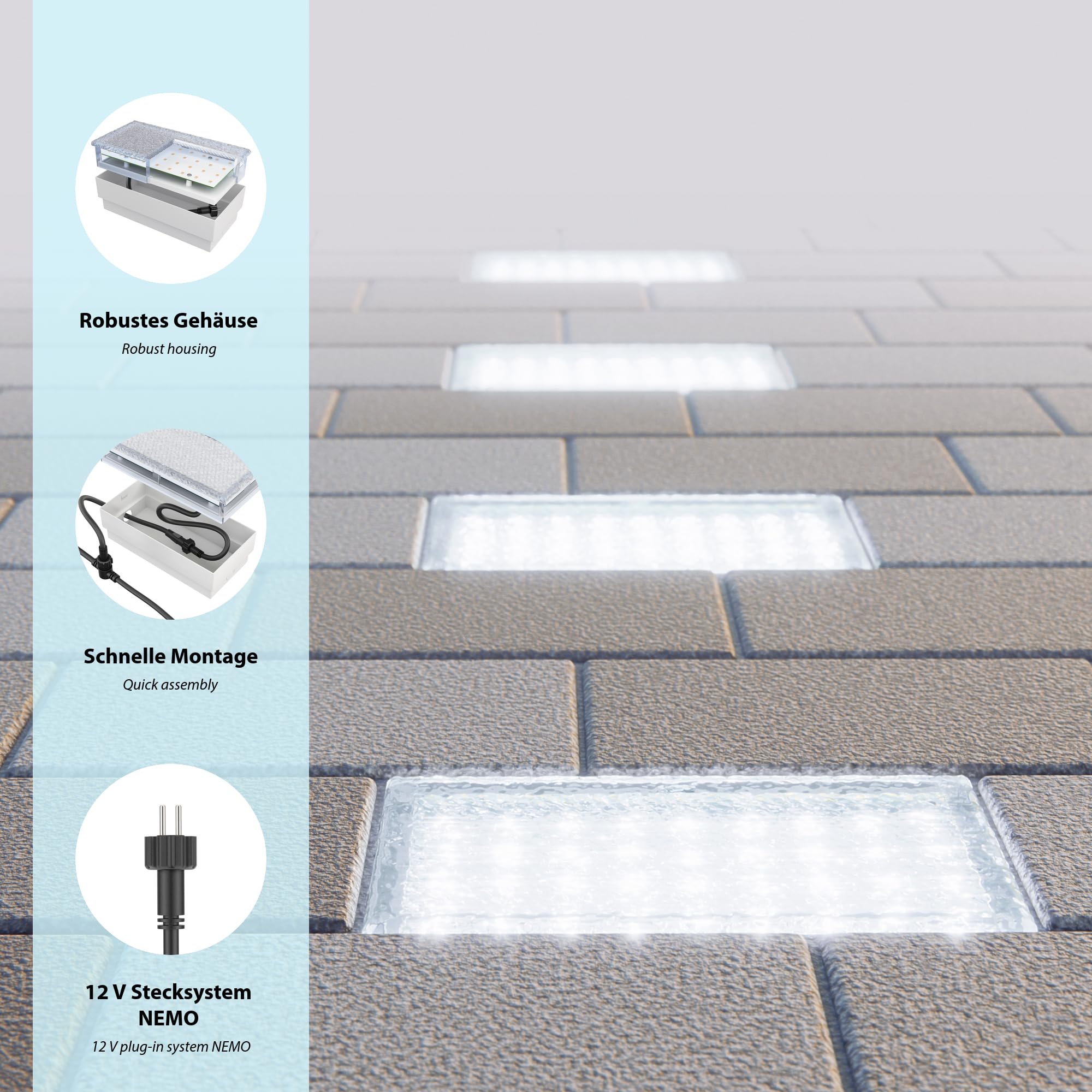 ledscom.de LED Pflaster-Stein Gorgon Boden-Einbauleuchte für außen, 20x10cm, 12V, kalt-weiß 8er Set