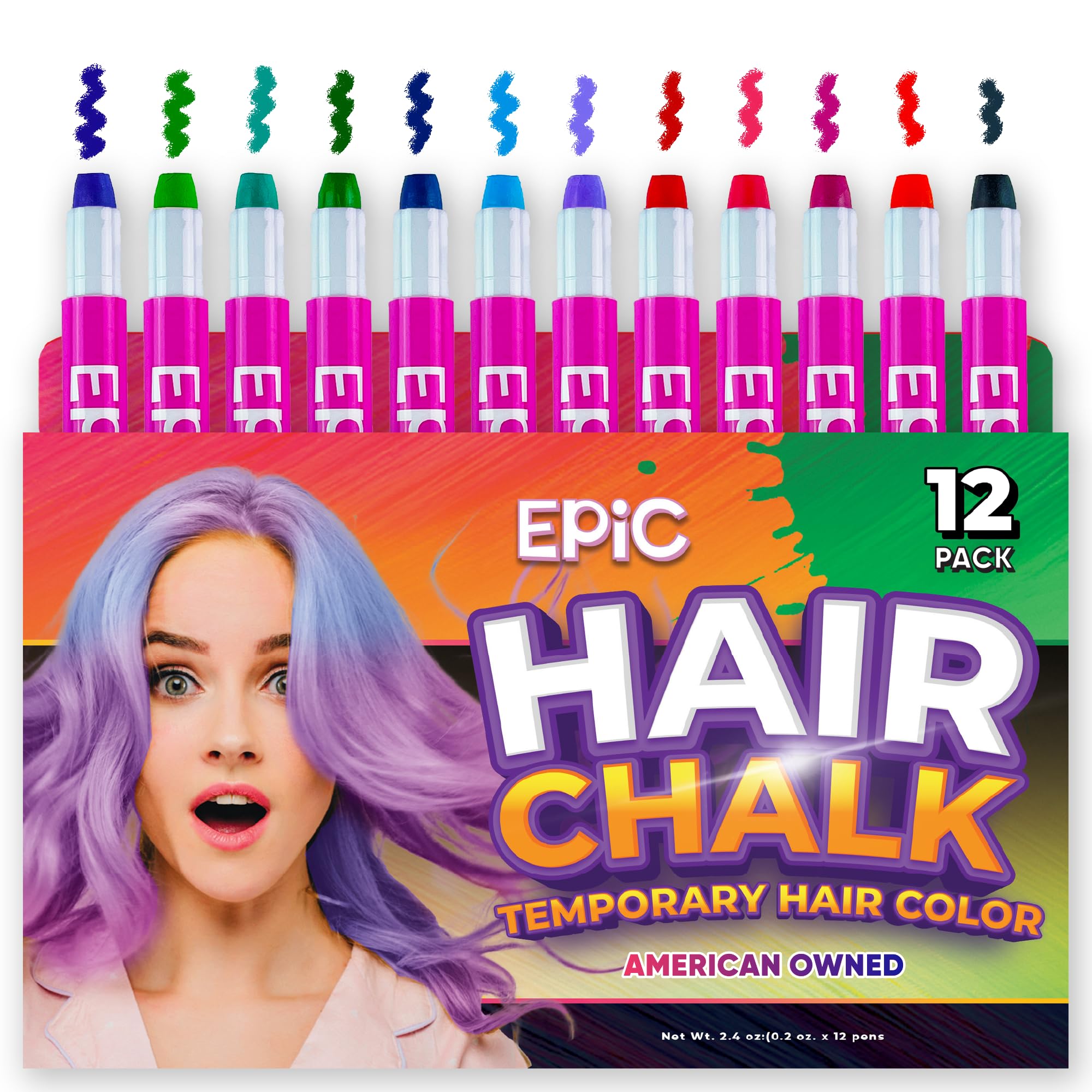 EPIC Hair Chalk, 12 Large Dust-Free and Vibrant Colors, Washable Temporary Hair Color, Non-Toxic Cosmetic Grade, Face and Body Safe