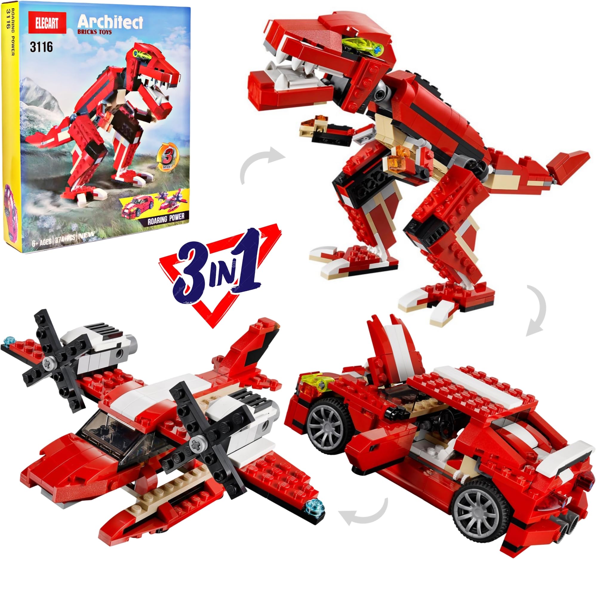 Elecart Roaring Power 3-in-1 Dinosaur T. rex Toy Blocks Sports Car | Action Dinosaur Figures Build and Rebuild Toys | Additional Brickable Models | Ideal for Kids 6+ | Fun Educational Building Blocks