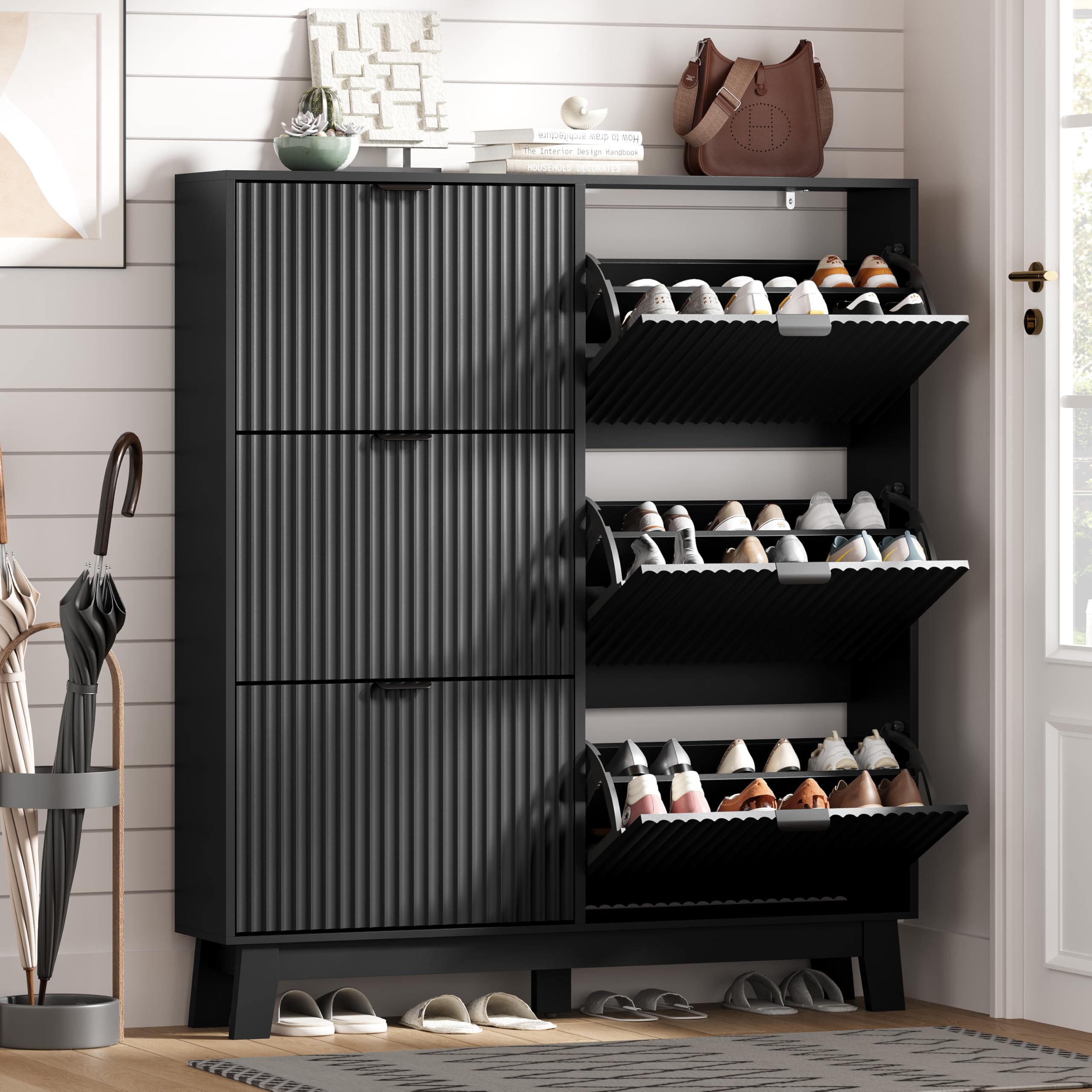HUANLEGO Shoe Cabinet Storage for Entryway with 6 Flip Drawers, Black