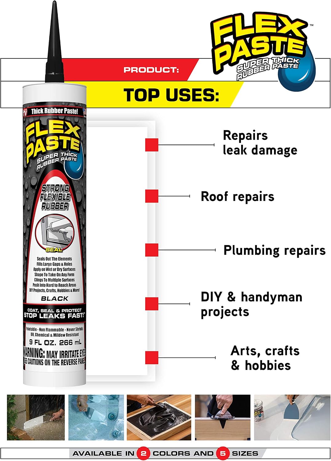 Flex Paste, 9 oz Cartridge, Black, Waterproof Paintable Putty, Spackle Sealant, Fill Gaps Cracks Holes - Block Out Water and Air - UV Resistant - Walls, Drywall, EPDM, Concrete, Roof, RV Repairs