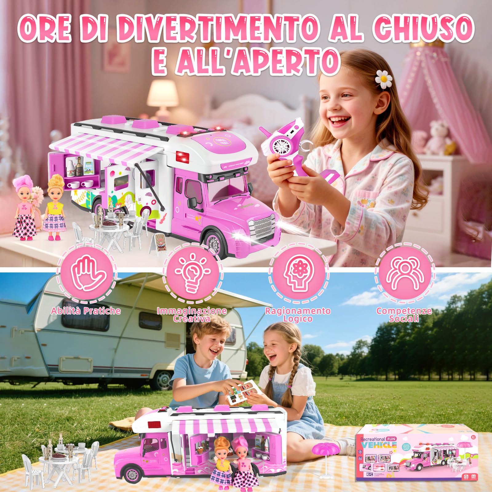 Charmofun Macchina Telecomandata Per Bambina, Auto Radiocomandata Rosa Con 2 Bambole, Telecomando, Luci E Suoni, Auto Telecomandato Ragazze 6 -12 Anni, Natale Compleanno Regalo (Rosa)