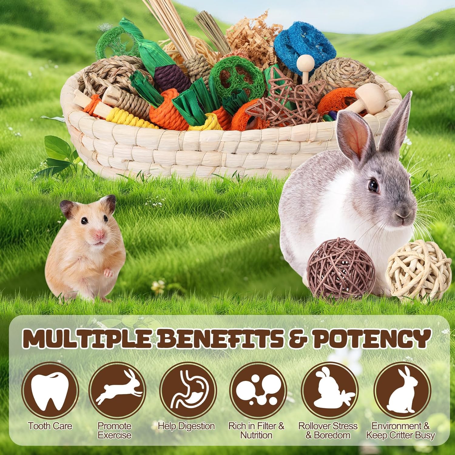 Novabright 33 PCS Rabbit Chew Treat Toys Set Natural Bunny Enrichment Toys for Teeth Health Indoor Outdoor for Rabbit Guinea Pig Chinchilla Hamster (Cute)