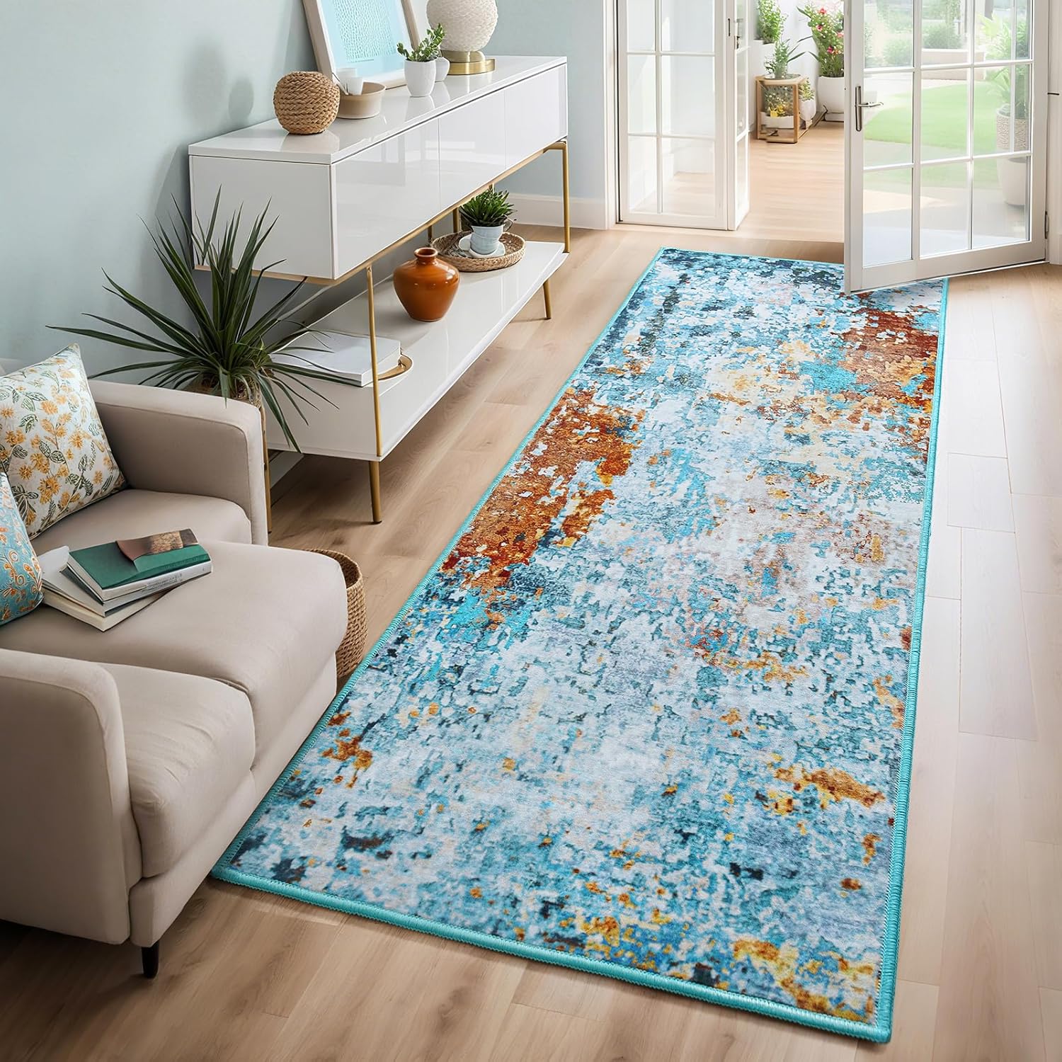 AROGAN Washable 2x8 Runner Rug for Hallway, Long Runner Rugs wtih Modern Abstract Design for Bedroom, Non Slip Backing Carpet Runners for Hallways, Kitchen, Bathroom, Entryway Home Decor, Mottled Blue