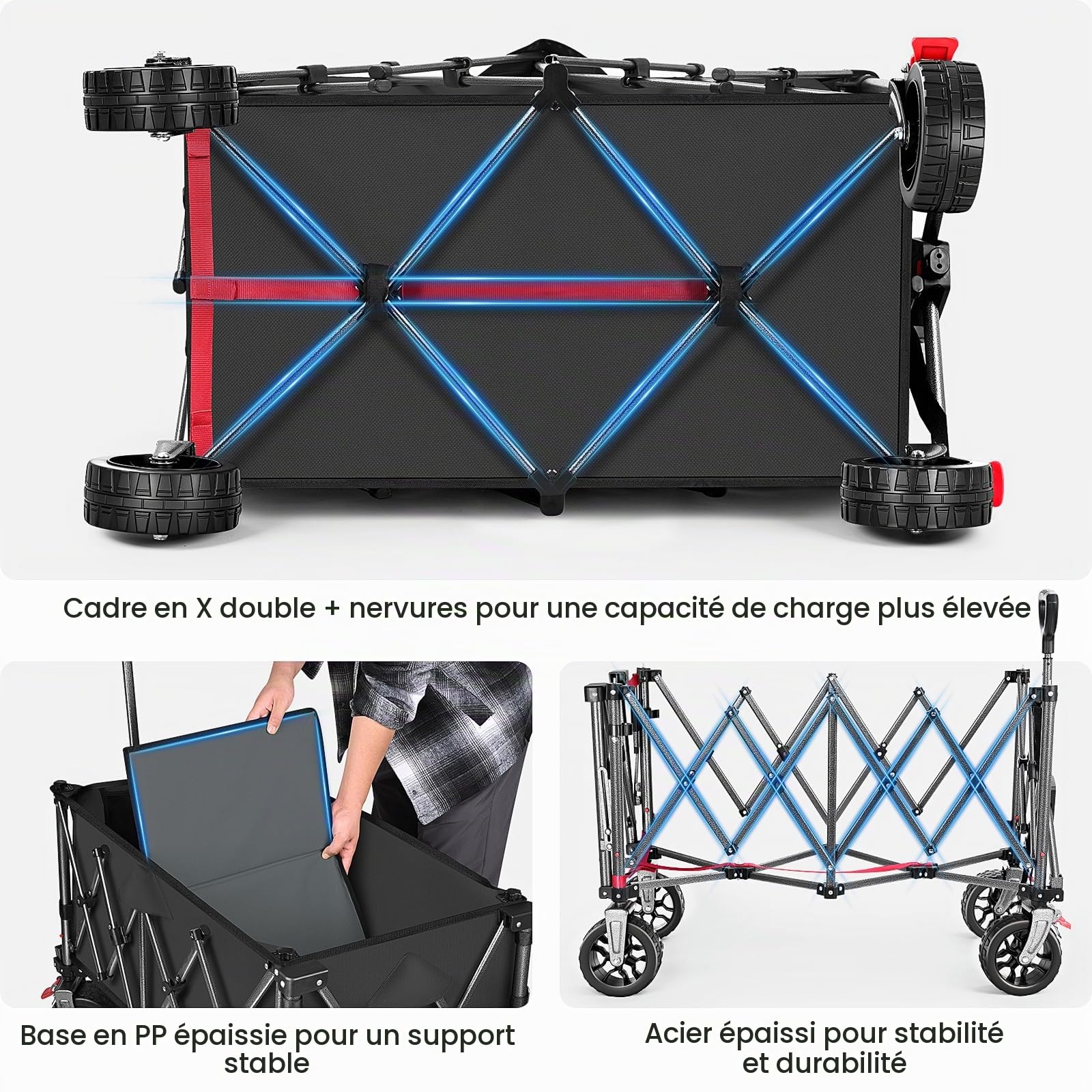 YEAUPE PRO Chariot de Plage Pliable – Roues Avant orientables avec Frein, Arrière ouvrant pour Objets Longs, Capacité Extensible de 150 à 240 L – pour Plage, Pêche, Camping, Jardin, Noir