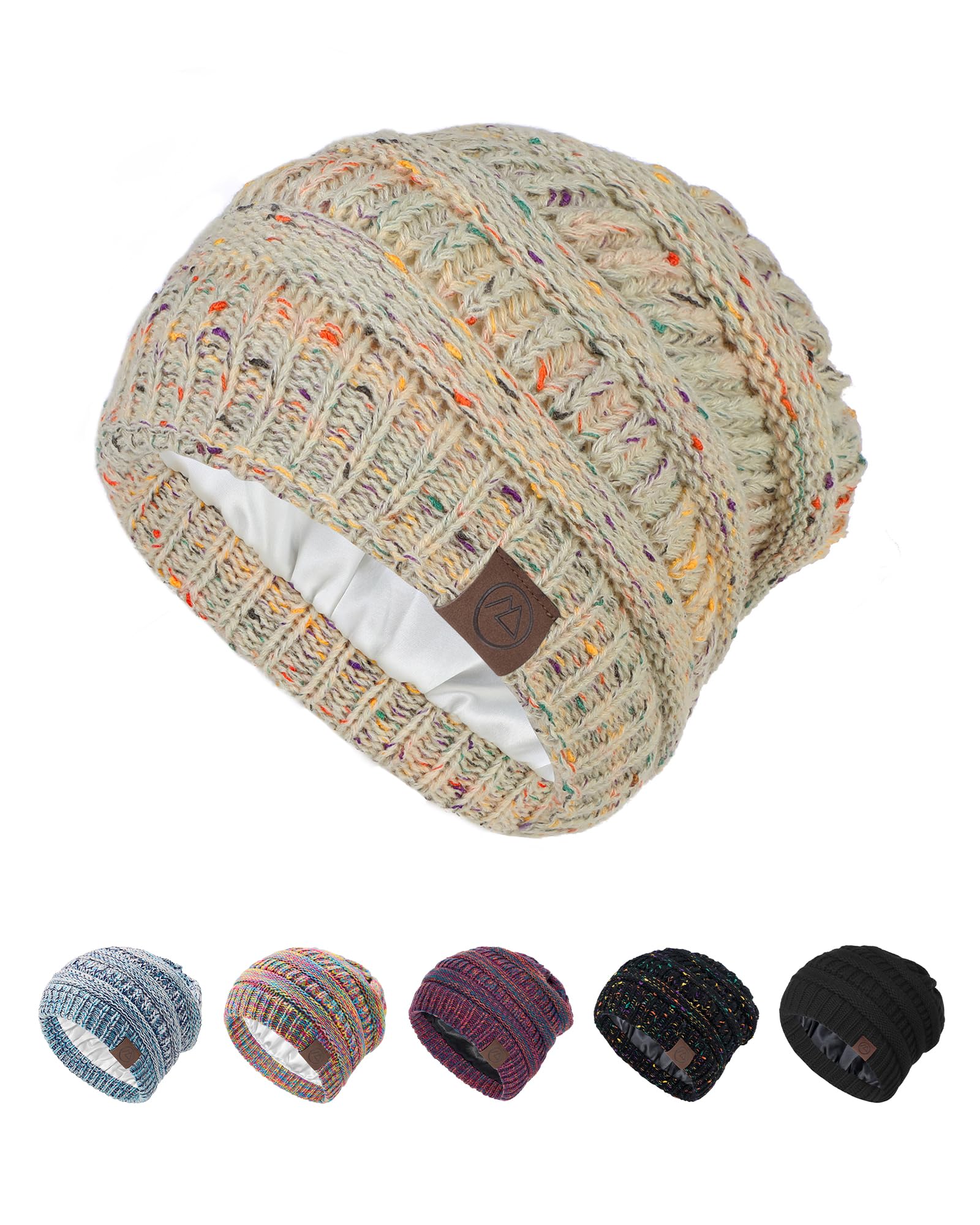 Durio Satin Lined Beanie for Women - Windproof Slouchy Winter Hat Silk Lining Soft Knit Warm Fashionable Knit Hat