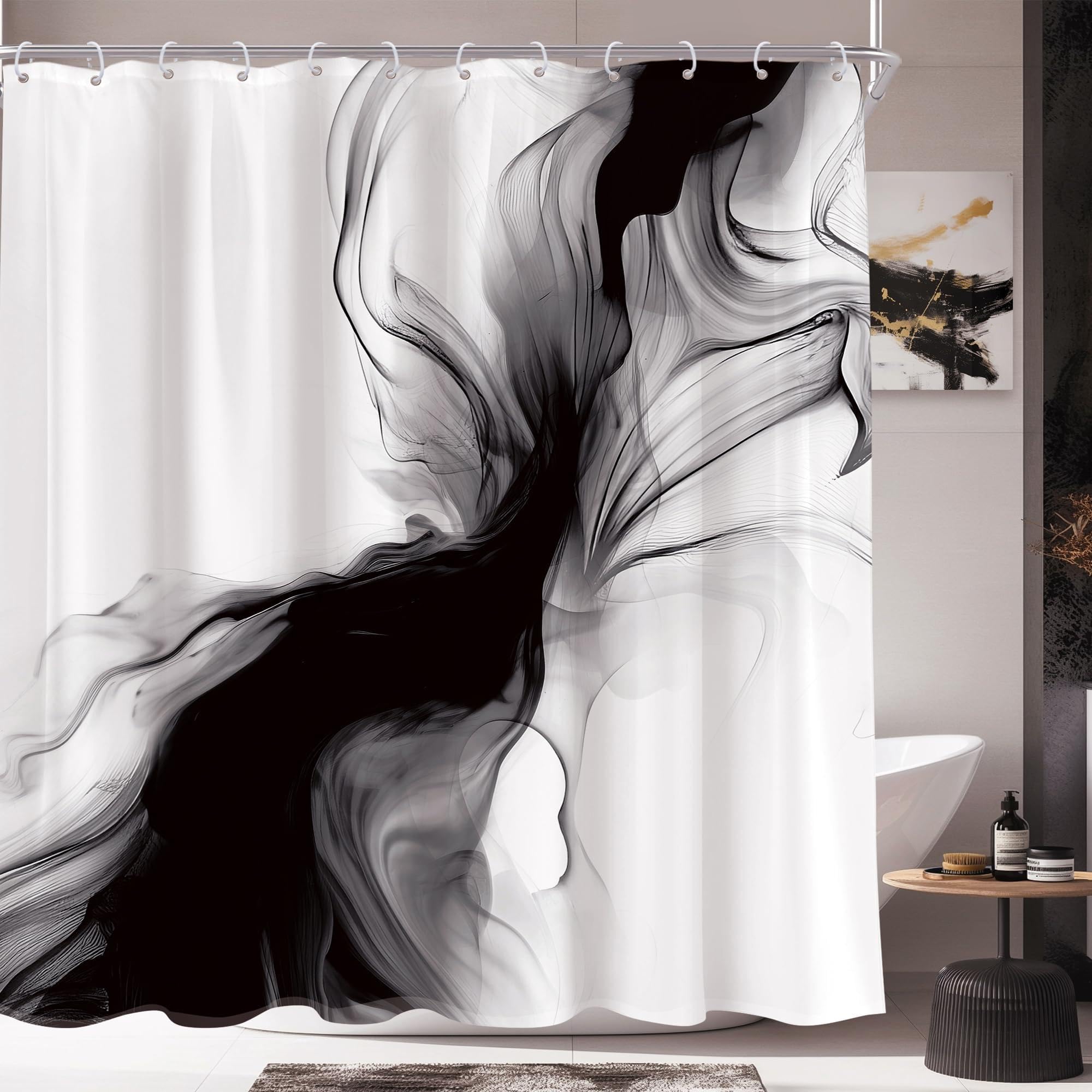 UIYIUI Black and White Shower Curtain 72x79in-183x200cm Modern Abstract Ombre Minimalist Neutral Bathroom Decor Curtain, Chic Elegant Ink Texture Fabric for Small Stall Narrow RV Bathtubs