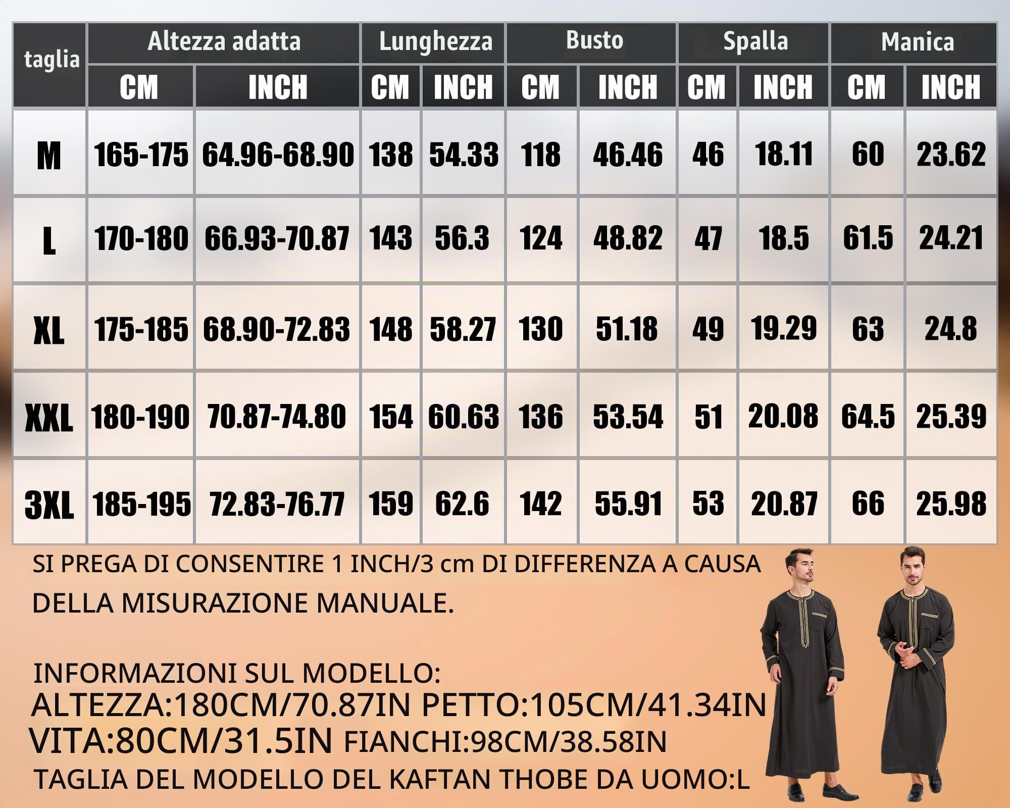 Uomo Abaya Thobe Uomini Musulmani Vestiti di Preghiera Maschio Islamico Abito di Preghiera Ricamo Arabo Robe,Nero & Bianco