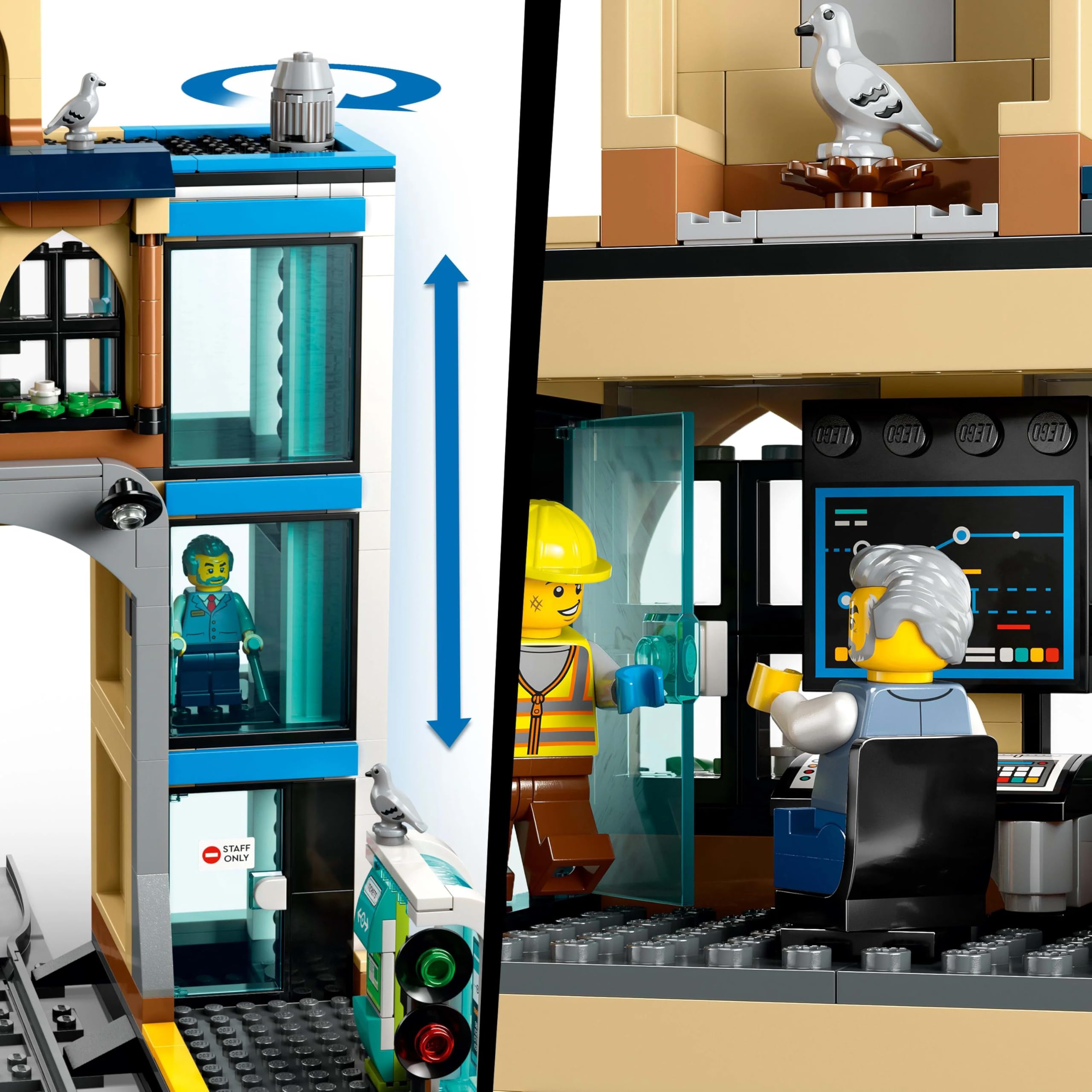 LEGO City Centralny dworzec kolejowy, zabawka dla 7-latka z pojazdami kolejowymi, wagon z wysięgnikiem, sześć minifigurek, figurka dziecka i dwa gołębie, prezent dla chłopca i dziewczynki 60469
