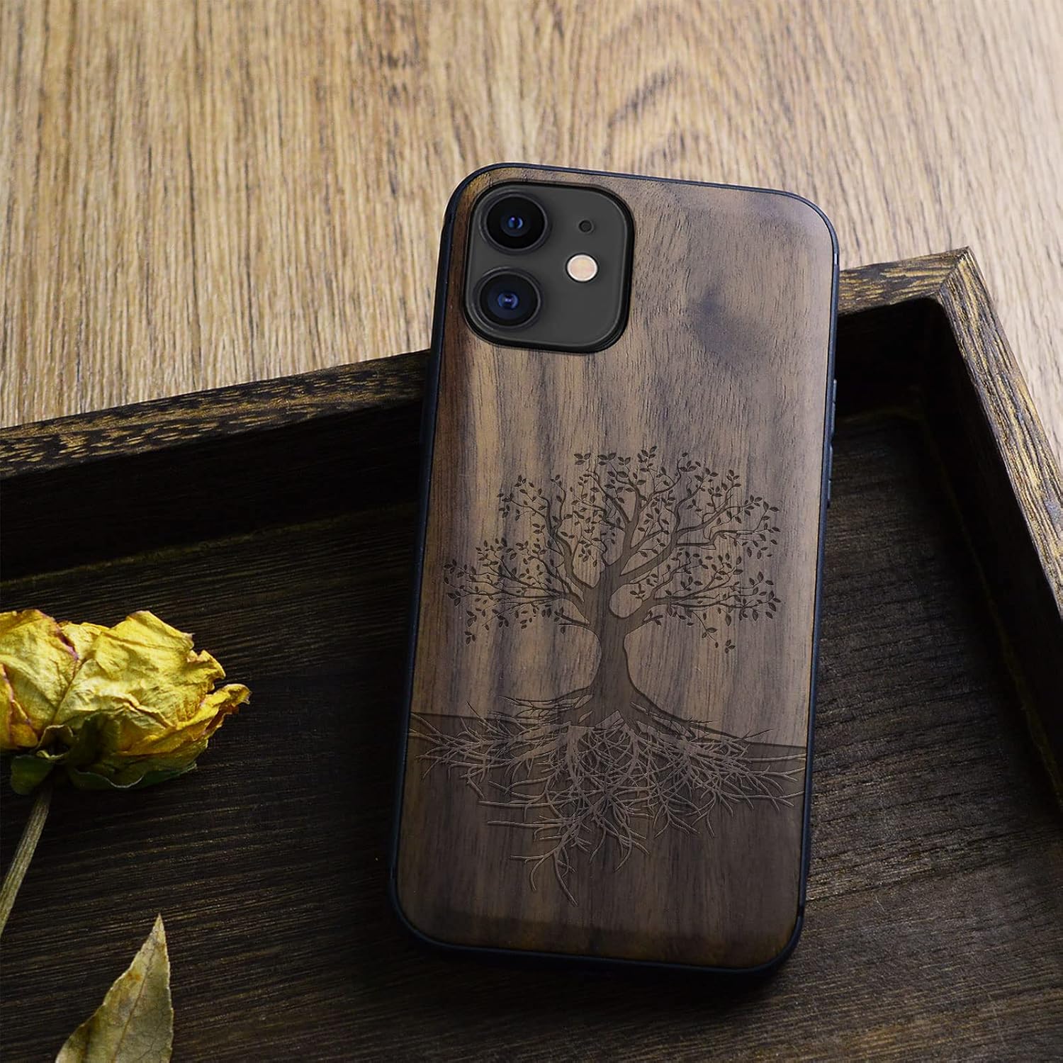 Carveit Wood Case for iPhone 11 Case [Hard Real Wood & Black Soft TPU] Shockproof Protective Cover Unique Wooden Phone Protector Compatible with Apple iPhone 11 (Tree with Roots-Walnut)