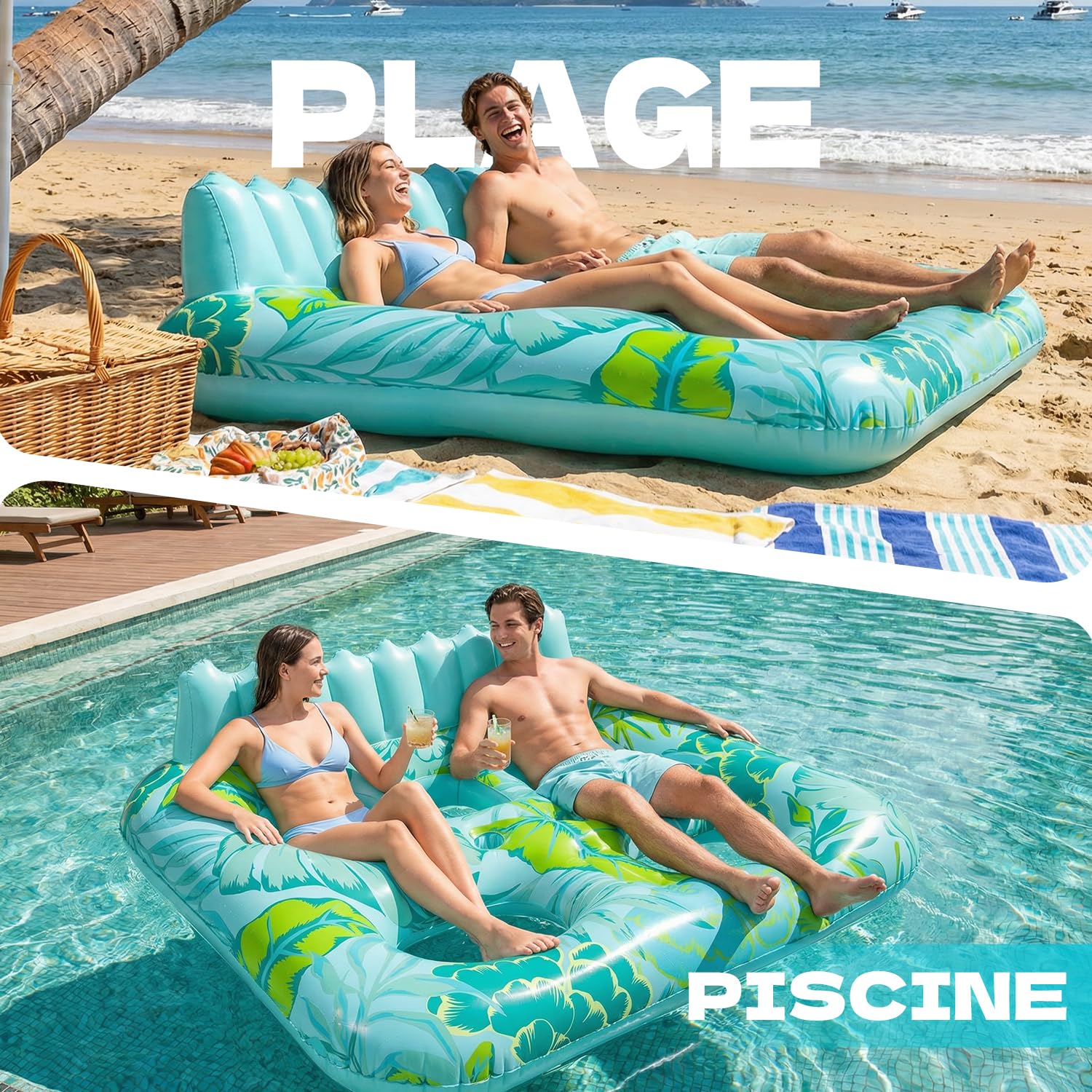 SOLAVERO Materassino Gonfiabile Piscina, 180 × 156 cm Lettino Gonfiabile Piscina 2 Posti con Portabevande e Poggiatesta, Materassino Abbronzante per Spiaggia e Acqua Festa