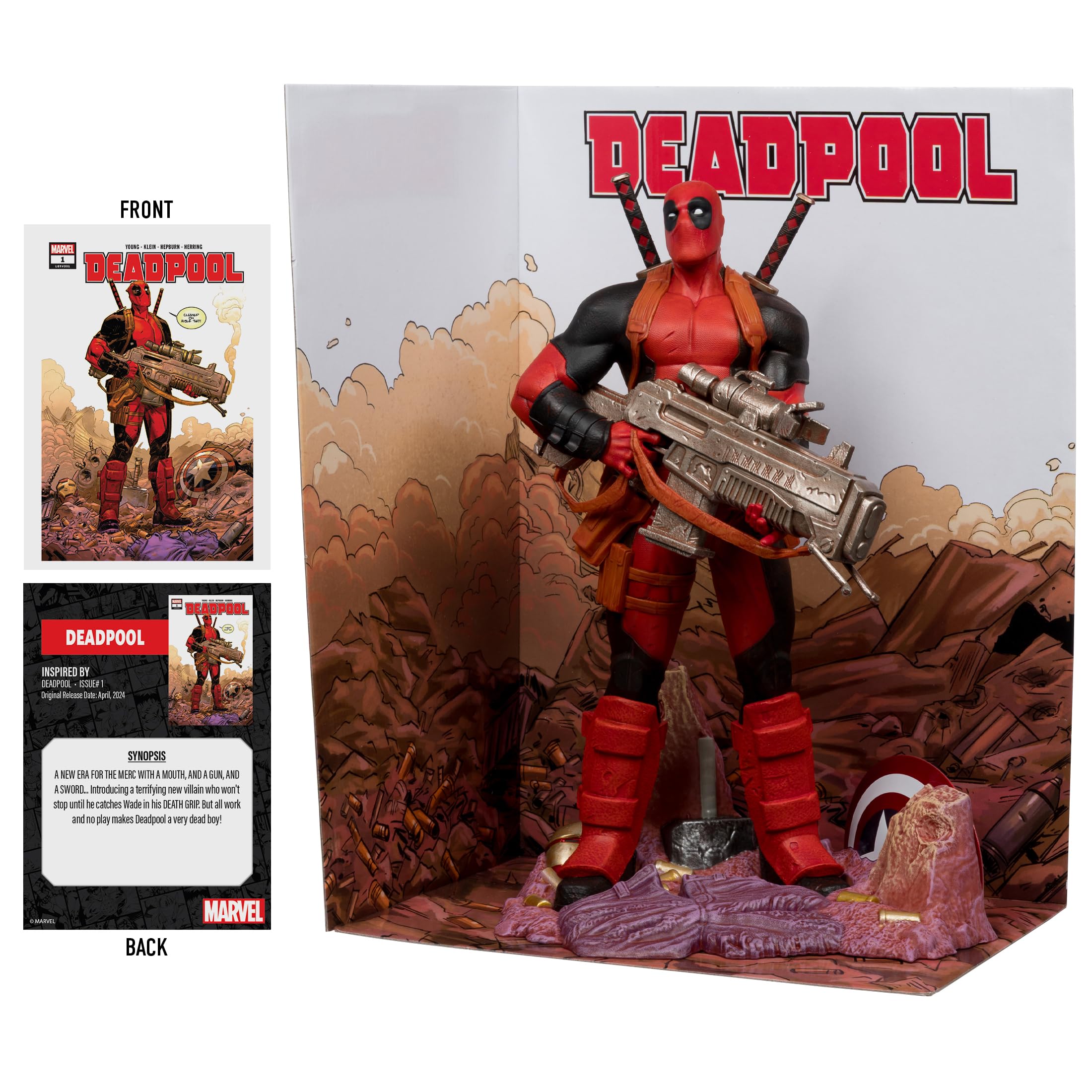 McFarlane Toys - Marvel Deadpool - Coleccionable a Escala 1:6 con Escena y cómic (Deadpool #1) | Figura coleccionable de Marvel de 12 pulgadas, escala 1/6, traje rojo de Deadpool #1