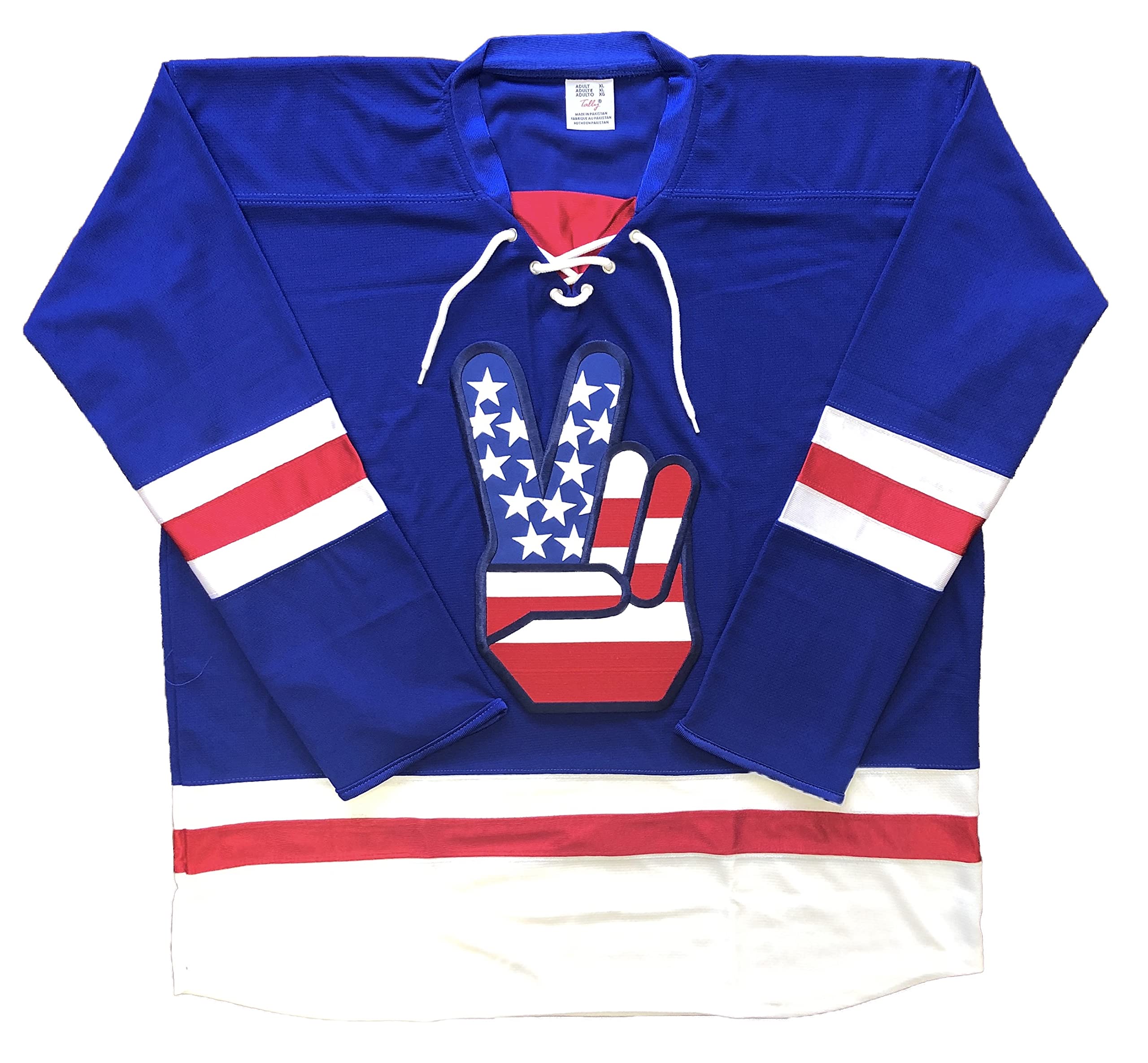 Peace Sign Hockey Jerseys - We Customize with Your Name and Number (Blue, Adult Goalie Cut)