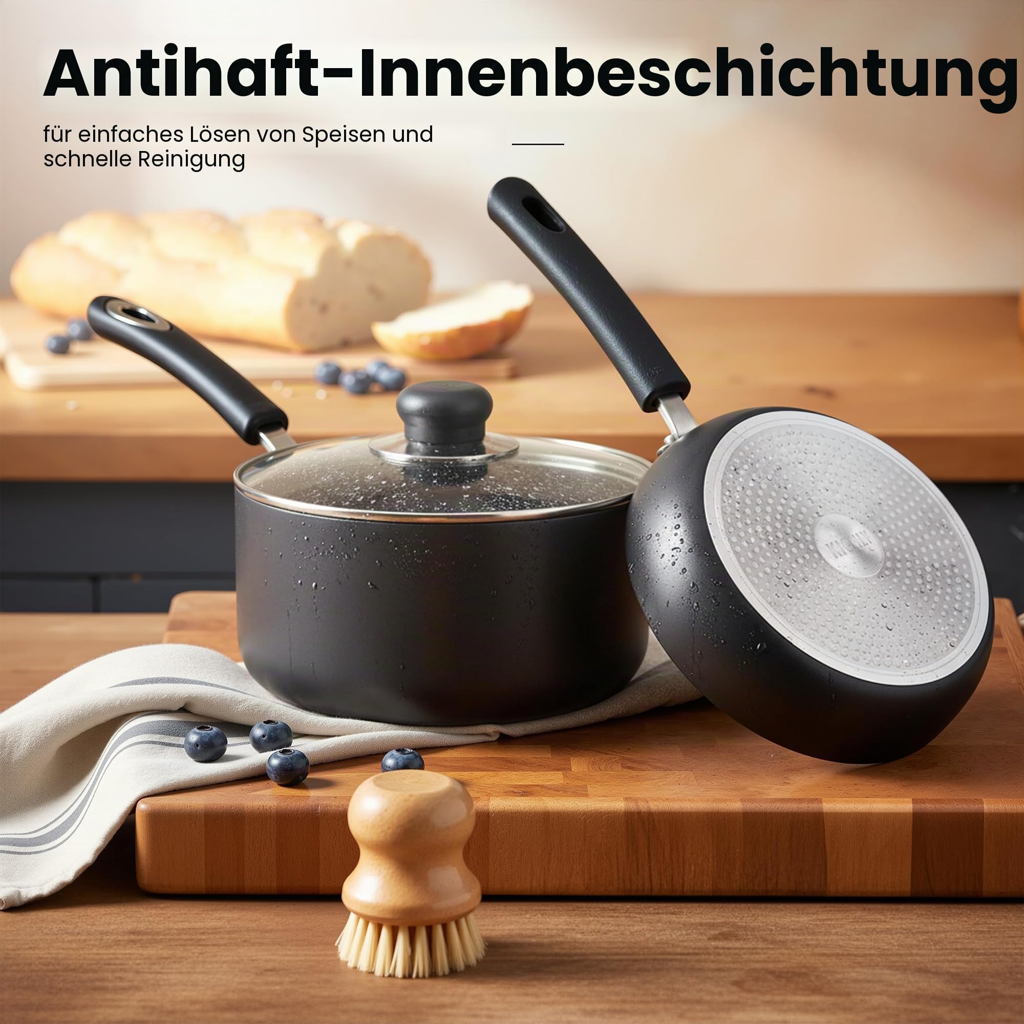KICHLY 8-teiliges Topf- und Pfannenset, antihaftbeschichtet, Küchen-Kochgeschirr-Set, Induktions-Bratpfannen 20 cm, 28 cm, Stielkasserolle mit Deckeln 20 cm, 18 cm, Stielkasserolle 16 cm, Töpfe und