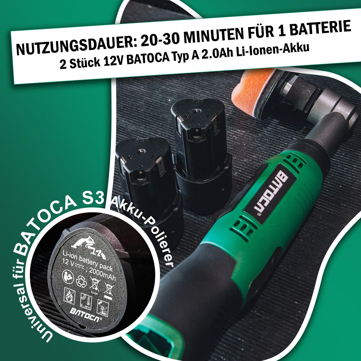 BATOCA S6 Mini Akku Poliermaschine,Profiset für Detailing und Lackpflege,12V Auto Polieren,DA&RO Polier Maschine,Polierer Puffer für Motorräder,1000-5000RPM&4200-21000RPM,25mm/50mm/75mm Schleifplatten